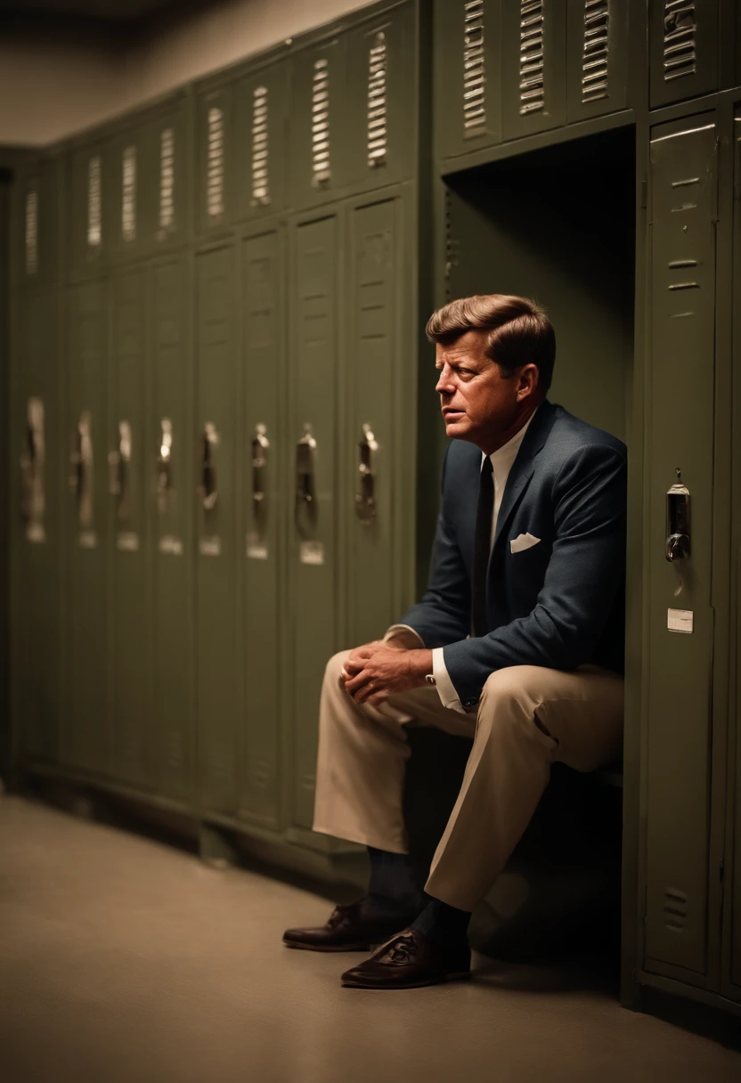 Portrait of john f kennedy sitting in a football locker. his names on it. he has on some headphones and he is locked in.