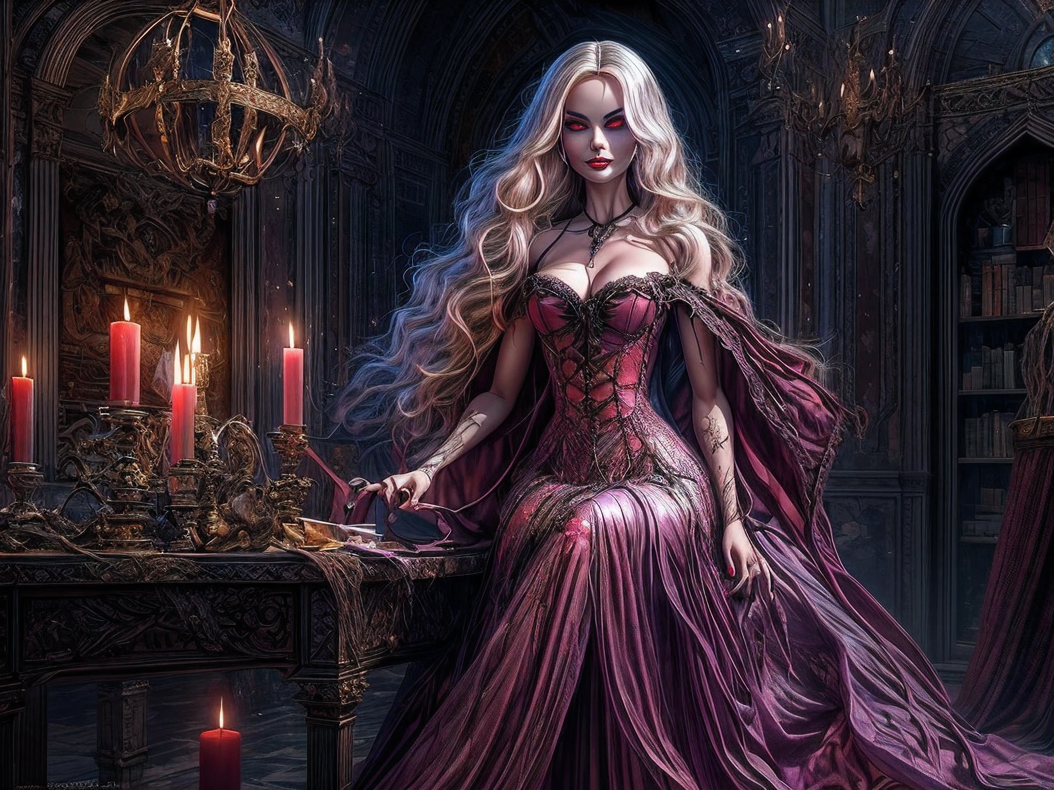 Fantasy art, RPG art, Dark fantasy art,  picture of extremely 1beautiful Barbie vampire, Barbie mistress of death, she has long hair, flowing hair, wavy hair, blond hair, pale grey skin, red eyes, (stains of blood on face: 1.2), she wears dark pink dress, silk dress, she wears stockings, high heels, Barbie dollhouse backgrond, dynamic position, (full body: 1.2) dim candles light, dark fantasy art, gothic art, dynamic angle, best details, best quality, 16K, [ultra detailed], masterpiece, best quality, (ultra detailed), full body, ultra wide shot, photorealistic, 3D rendering, NeroV2