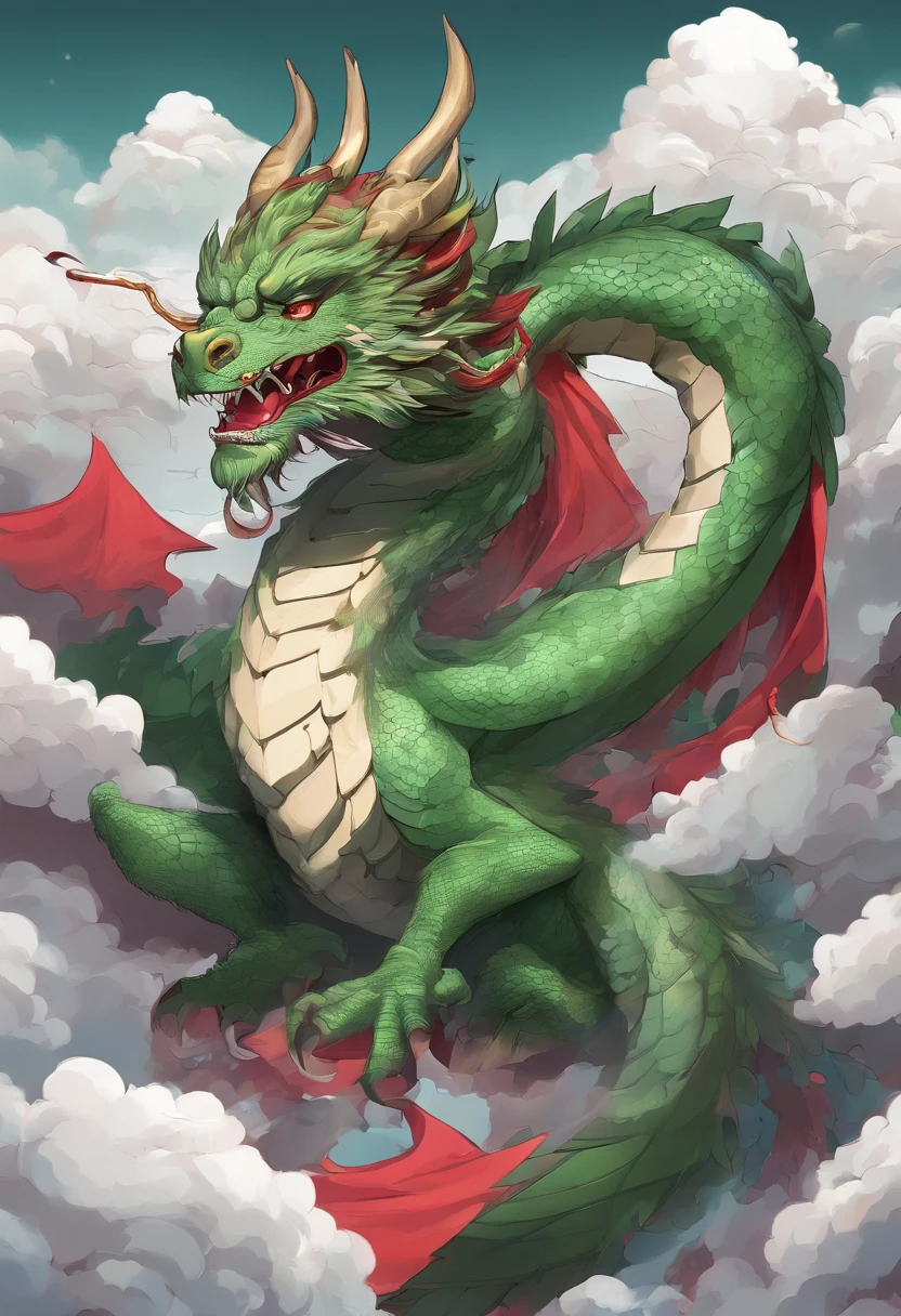 giant green dragon, red eyes, wrapped around the clouds, 3d, leaning in towards camera, cinematic dragon ball z style, thunder and lightning , sharp teeth, grey and black clouds , epic