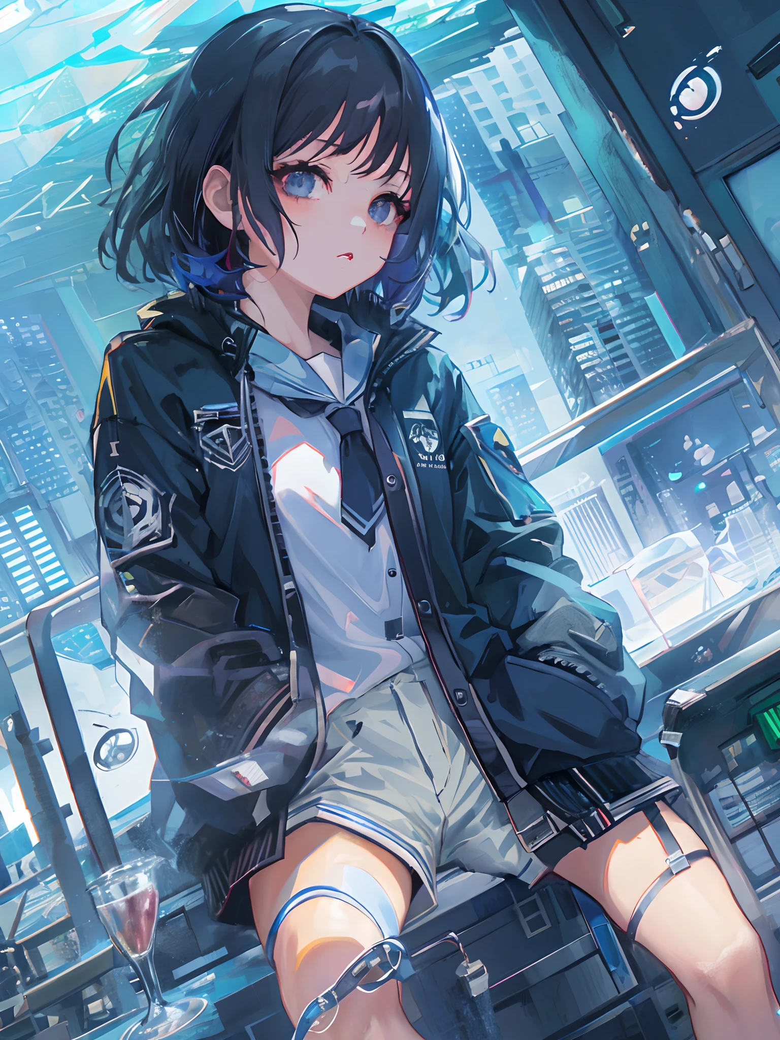 Anime girl sitting on city ledge,and the background is an urban landscape, style of anime4 K, Digital cyberpunk anime art, cyberpunk anime girl, digitl cyberpunk - anime art, cyber school girl, anime cyberpunk art, cyberpunk anime art, Anime art wallpaper 4k, Anime art wallpaper 4 K, Best anime 4k konachan wallpaper, Anime art wallpaper 8 K,Black eyes