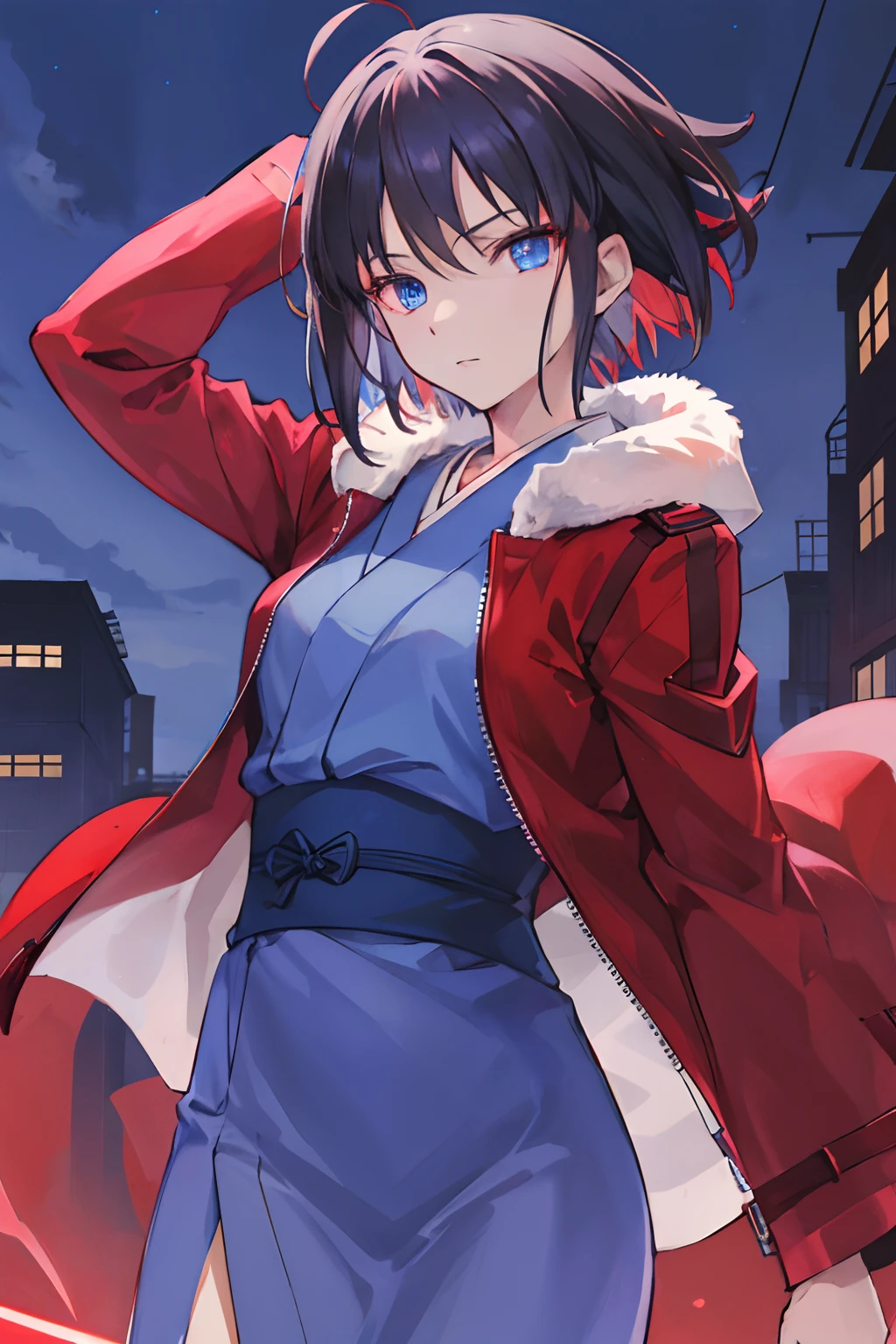 masutepiece, Best Quality, hight resolution, Humushiki, Short hair, Ahoge, Red jacket without emblem, Blue eyes, Blue kimono with long hem, Open your clothes, Fur trim, Glowing Iris Eye, Cowboy Shot, Outdoors, Night,