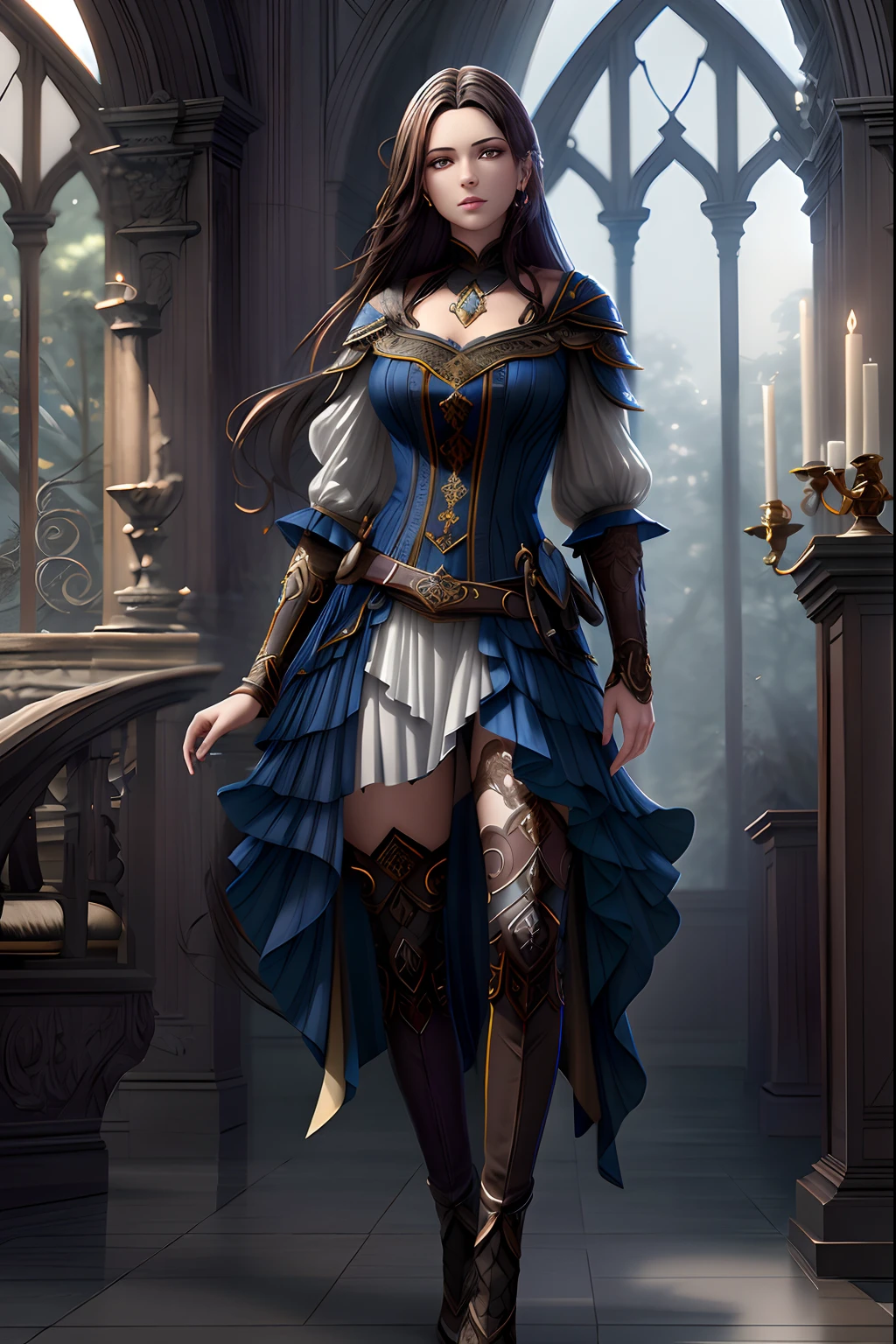 masterpiece, best quality, 1woman adult, female focus, solo, dark black hair, vibrant brown eyes, long hair, looking at viewer, closed mouth, Fantasy aesthetics, fantasy earring, Highly detailed, shadowverse style, dark forest background, in the dark forest, stocking gloves, realistic, beautiful detailed glow, detailed, Cinematic light, intricate detail, highres, detailed facial features, high detail, sharp focus, smooth, aesthetic, extremely detailed, stamp, octane render