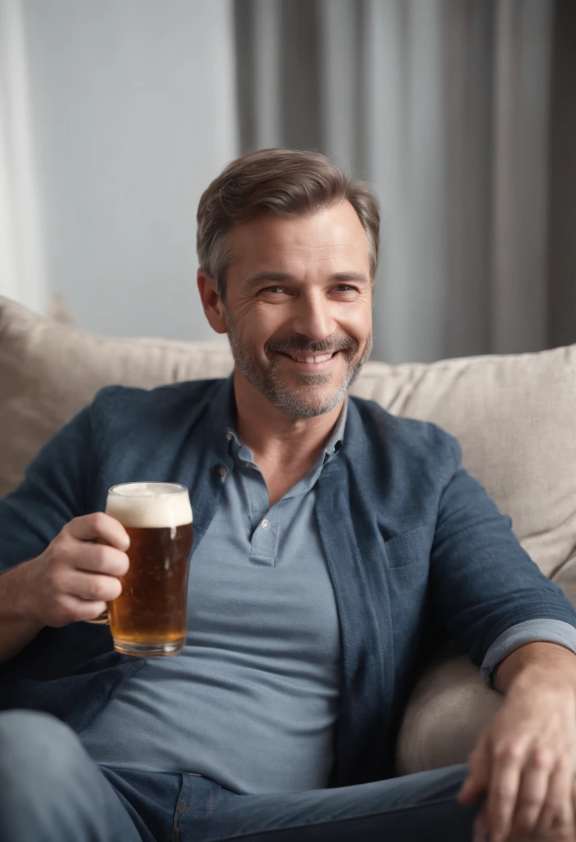 High-definition, cinematic close up frontal face of a Carlos, a man in his 30s, with an ordinary and relaxed appearance, He wears a faded T-shirt and comfortable shorts, he is sprawled on the couch, watching a ridiculous reality TV show. He laughs as he holds a beer. High resolution, cinematic lighting, ultra realistic, highly detailed, sharp, high definition, 4K.

