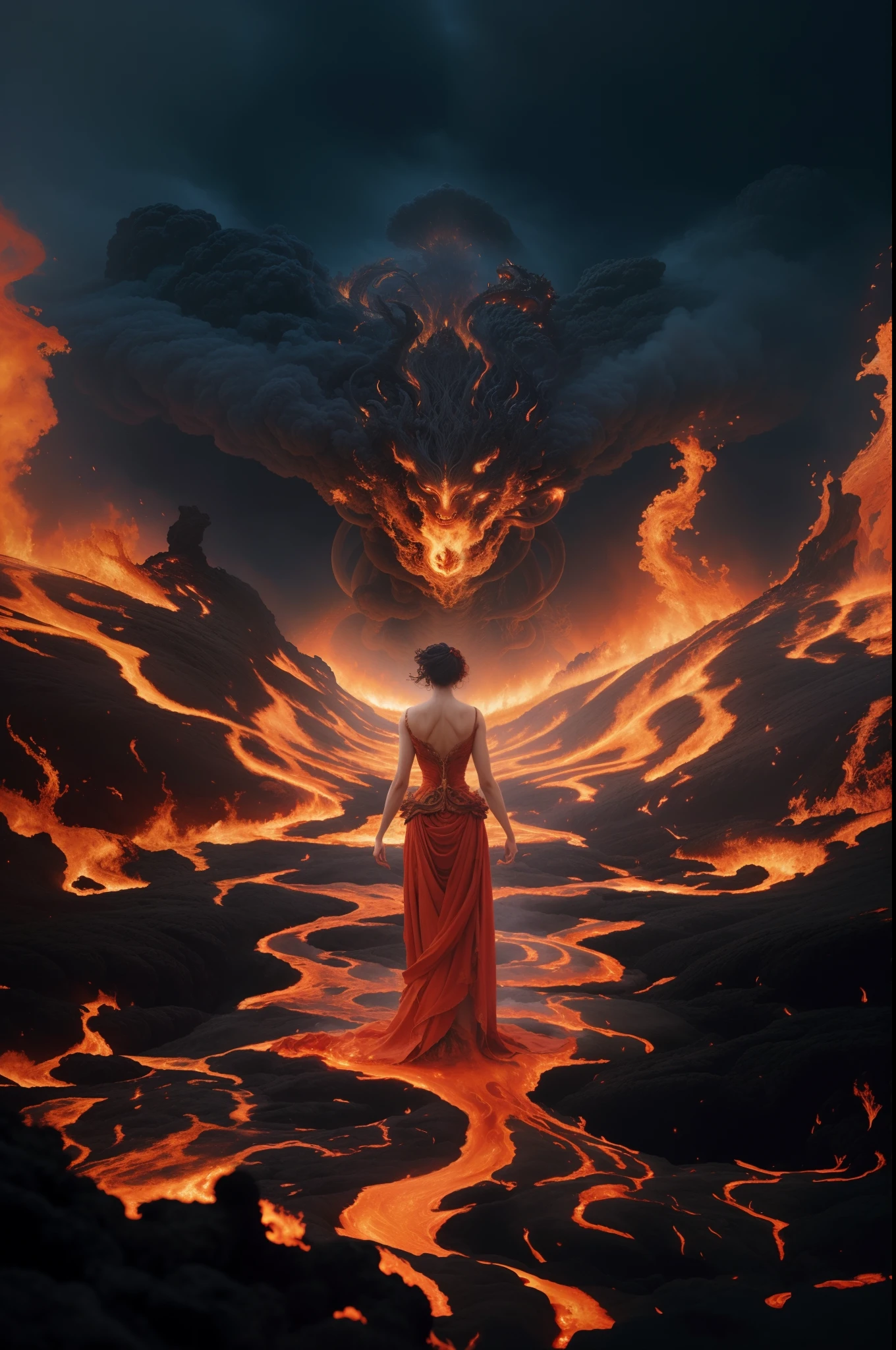 An Aalfid woman in a red dress stands on a lava field, lava and fire goddess, flames surround her, goddess of anger, Symmetrical epic fantasy art, appears as the fire goddess, Peter Mohrbacher. illusory engine, engulfed in swirling flames, an ominous fantasy illustration, the fire goddess, dramatic fantasy art, queen of hell, goddess of the underworld