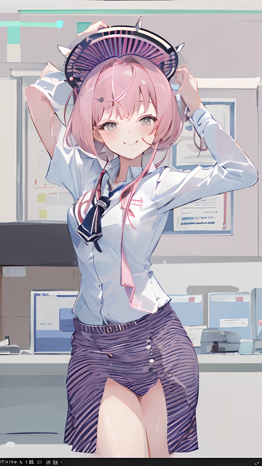 ((masterpiece, best quality)), (1girl),((mature female)), lightpink hair, halo, horn, ((office lady )),bangs,middle breast,(busty),slim,smile, [wide hips],office,standing, aru \(blue archive\),