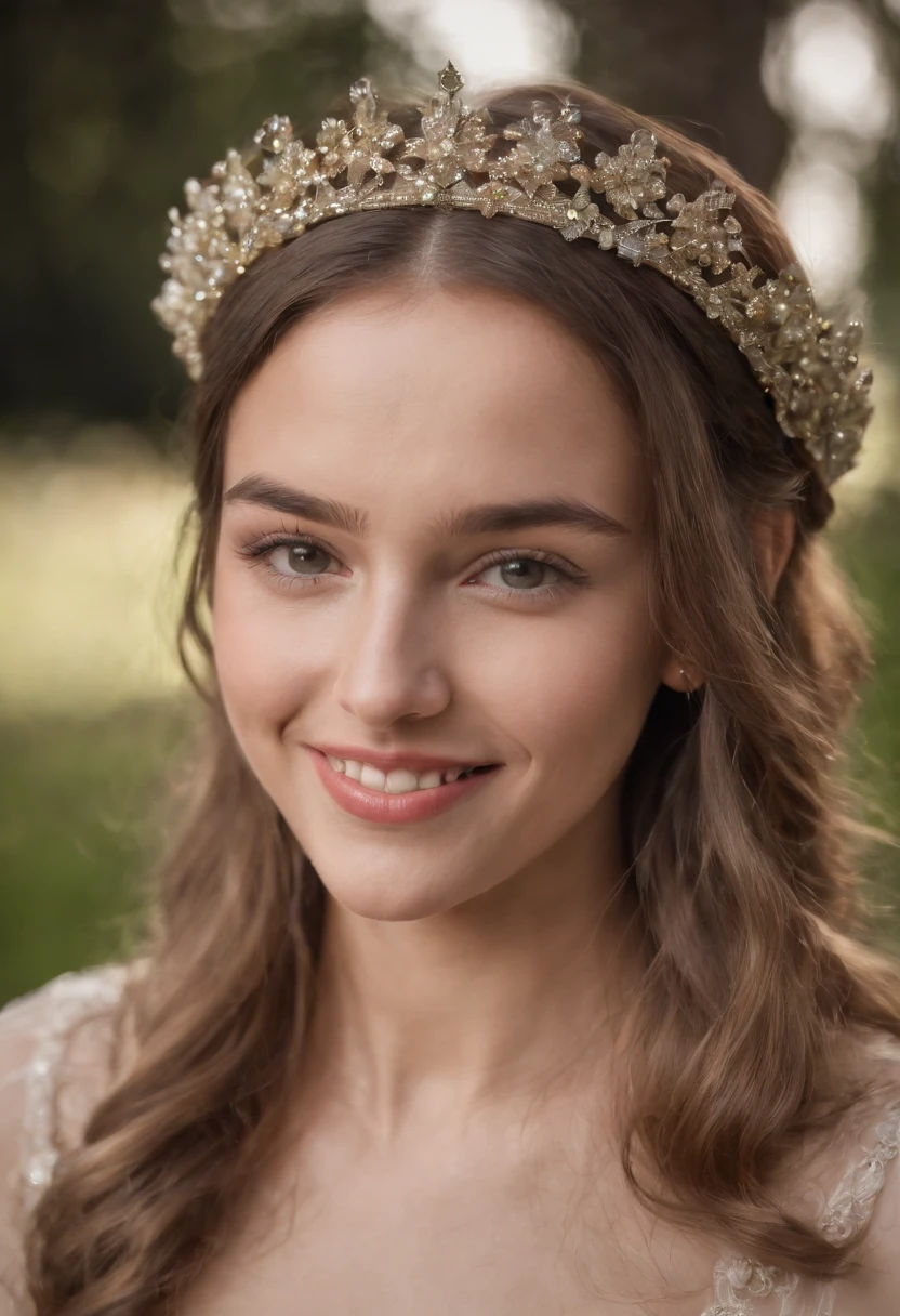 Una Masterpice fotorrealista Enormes pechos rubios, Cuerpo entero Cuerpo perfecto, Cara perfecta, sonriente, Marco de distancia school uniflorm long hair crown