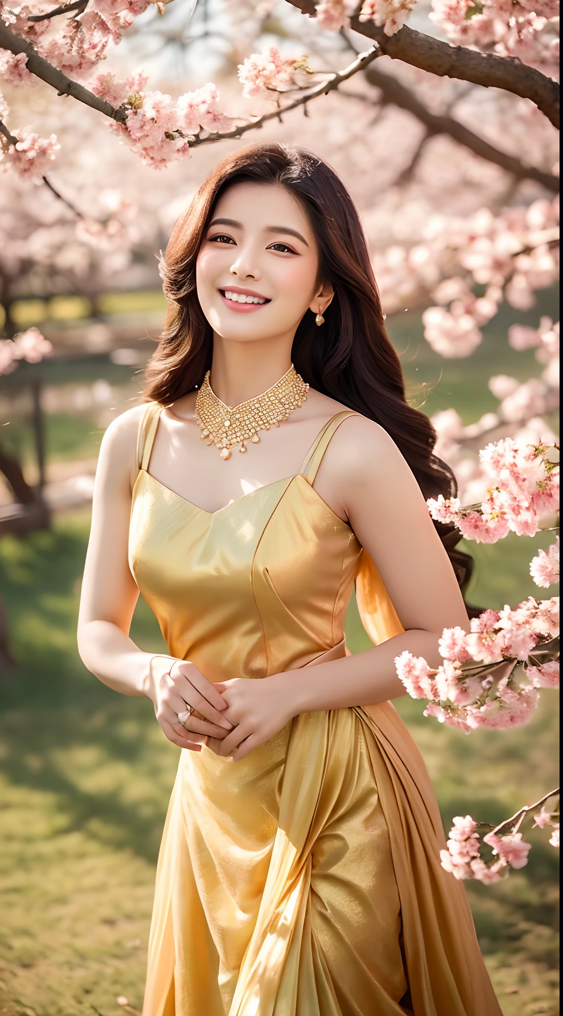 (shining gold dress, long fluttering hair, radiant skin) is dancing gracefully in a field of blooming cherry blossoms. The scene is captured in an exquisite oil painting style with vibrant colors and meticulous brushstrokes. The sunlight gently filters through the delicate petals, casting a warm and dreamy atmosphere. The woman's eyes sparkle with joy and passion while her lips are adorned with a captivating smile. The intricate details of her dress shimmer with golden hues, reflecting light and creating a sense of enchantment. The composition is framed by the graceful branches of the cherry blossom trees, adding depth and a touch of nature to the artwork. The overall image quality is of the highest standard, with ultra-detailed features and photorealistic rendering. The rich palette of colors, including shades of pink, gold, and green, evokes a sense of beauty and serenity. The lighting in the painting is soft and natural, emphasizing the woman's elegant movements and enhancing the overall visual appeal.