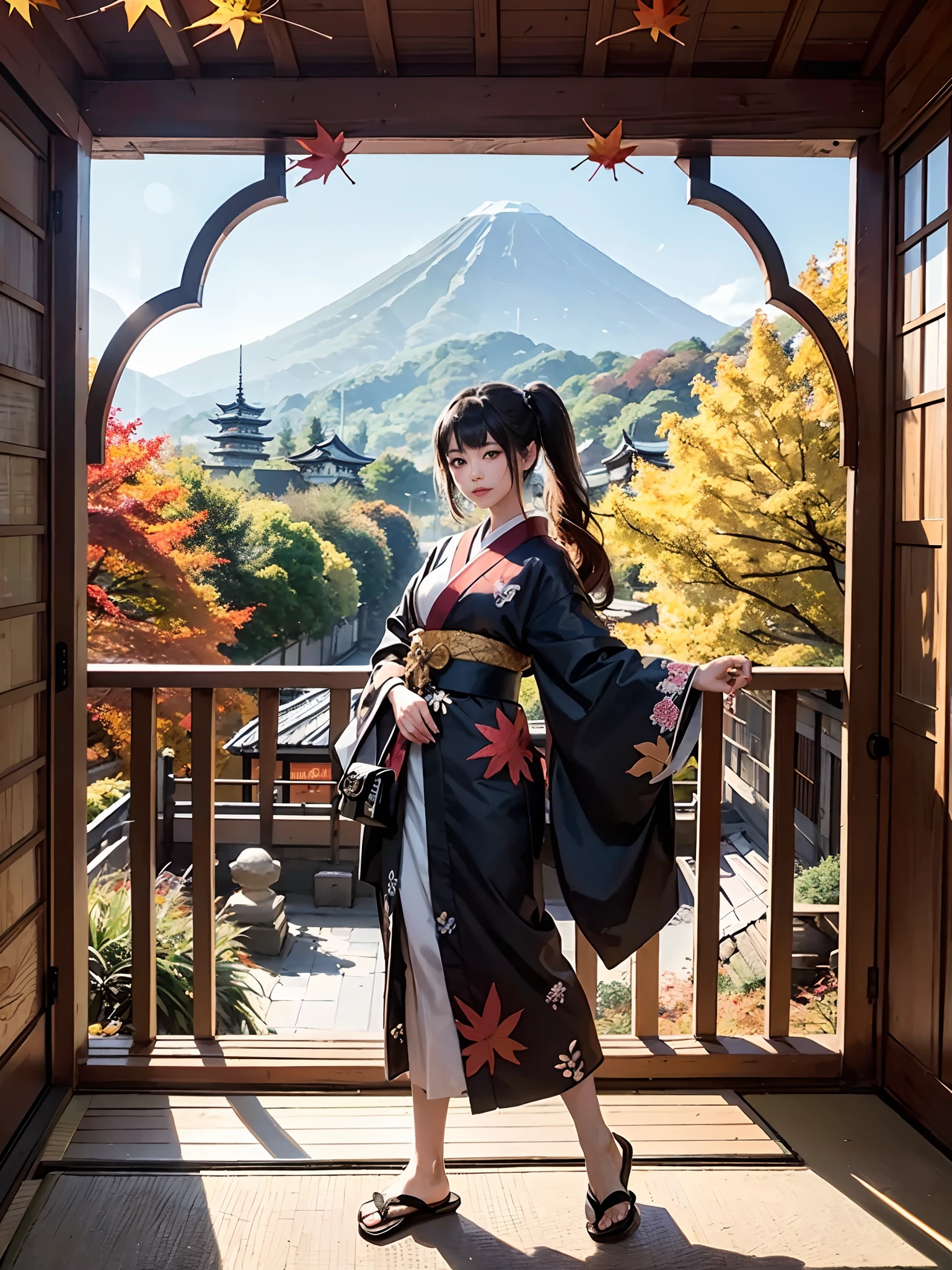 (Rococo:1.5)Background of details(the morning sun(mountainscape))(Kyoto in Japan(Colored leaves:1.5)),BREAK ,elaborate costume(Luxury kimono(Colorful kimono(detailed embroidery()))),BREAK,1 Beautiful and classy adult woman(Japanese actressl:1.2)(glossy dark hair(poneyTail:1.2))(eye glass)(Arms outstretched),BREAK,Wallpapers 16K,Blur the background,(masutepiece:1.5), (Best Quality:1.5),(Portrait photos:1.5),(full body Esbian:1.5)