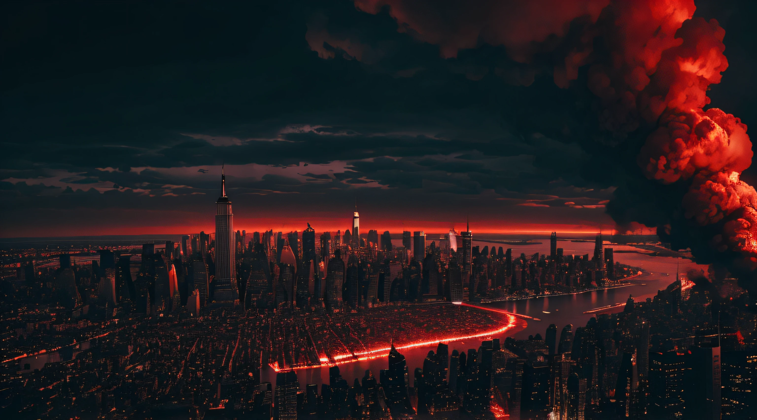 The end of the world、newyork、Buildings to be destroyed、A world dyed red、dark ambiance、Armageddon、high-level image quality、high-detail