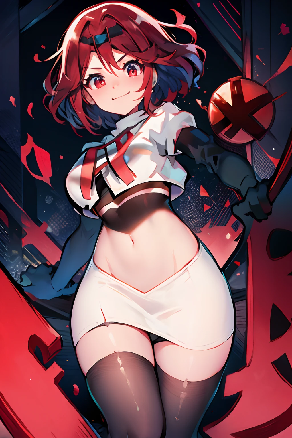 pyra,team rocket,team rocket uniform, red letter R, white skirt,white crop top,black thigh-highs,black elbow gloves, sinister grin