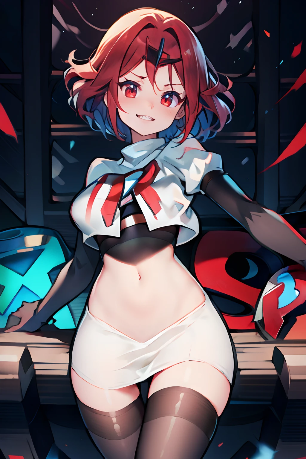 pyra,team rocket,team rocket uniform, red letter R, white skirt,white crop top,black thigh-highs,black elbow gloves, sinister grin