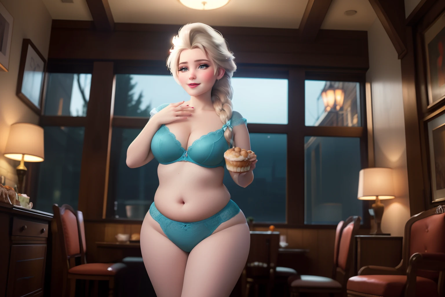 (masterpiece), (best quality), Elsa, perfect face, very beautiful face, eating donuts, sexy, sexy pose, pleasure, cute face, thin face, very plump, fatty, young, small smile, cutie, very chubby, chubby belly, fat rolls, belly rolls, teal lingerie, navel, thunder thighs, fed up, love handles, standing, muffin top, blonde hair, single braid