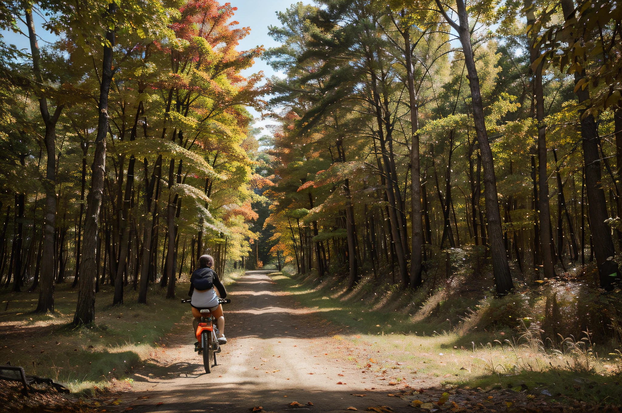 Ultra-realistic visuals, on which the family rests in the forest, Riding Bikes. Imagine colorful autumn nature with bright red and orange leaves, clean air and beautiful rear view. Maximize image quality for every detail. seen from behind.