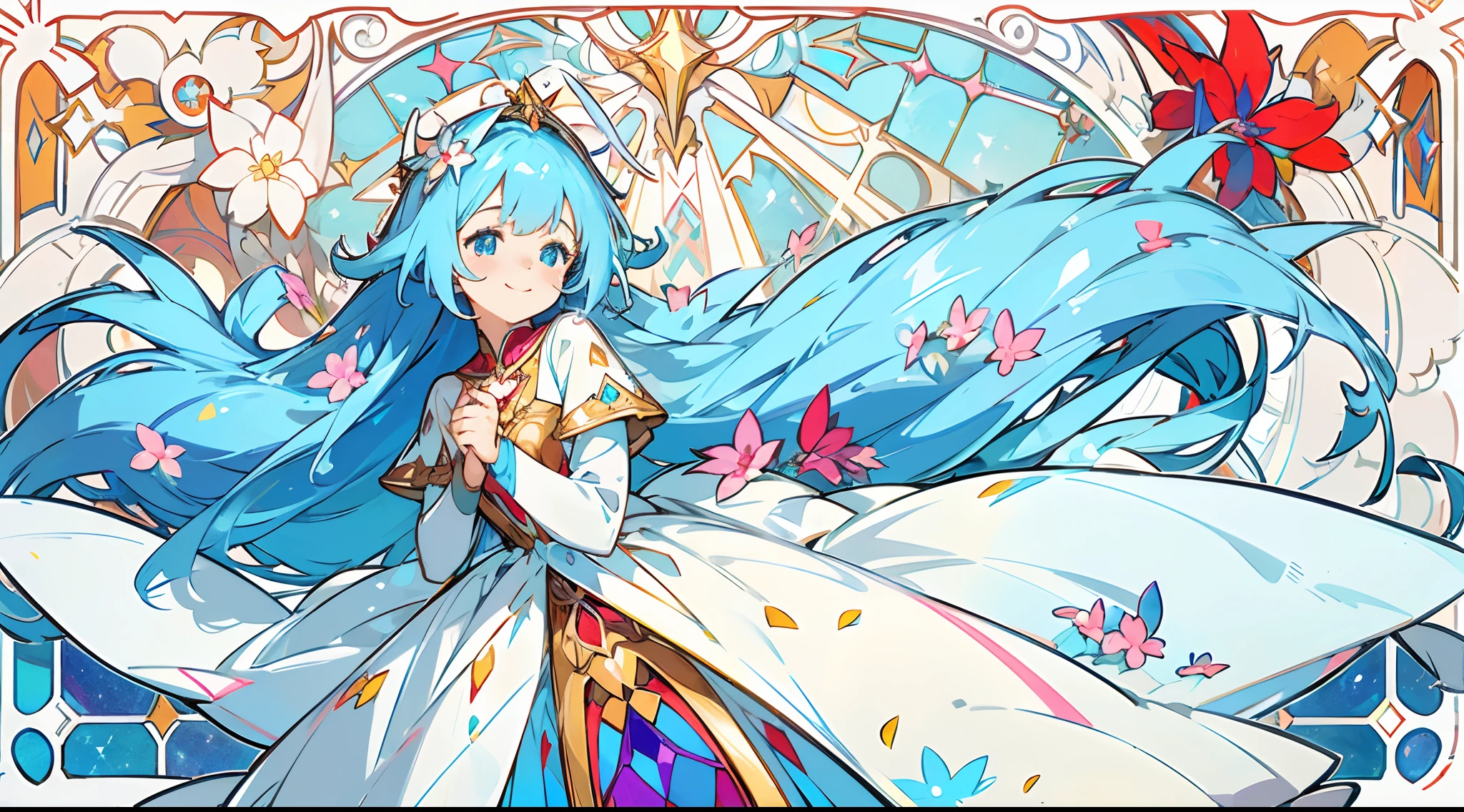 (The skin is not exposed, Magical Girl Dress), (Solo), Very cute girl (1), Stained glass and colorful flowers on background, sunlight shining through, ((Shiny blue super long hair,  SHINES )), (Super smile、Red cheeks、Face Up), Dynamism, (Blue eyes),  (Detail Objects)