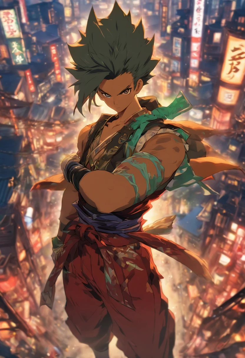 1 man, Arataki itto from Genshin impact, staring at viewer, Japanese Style city background