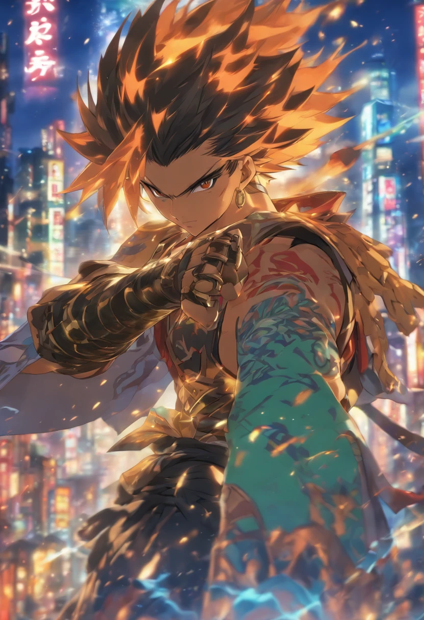 1 man, Arataki itto from Genshin impact, staring at viewer, Japanese Style city background