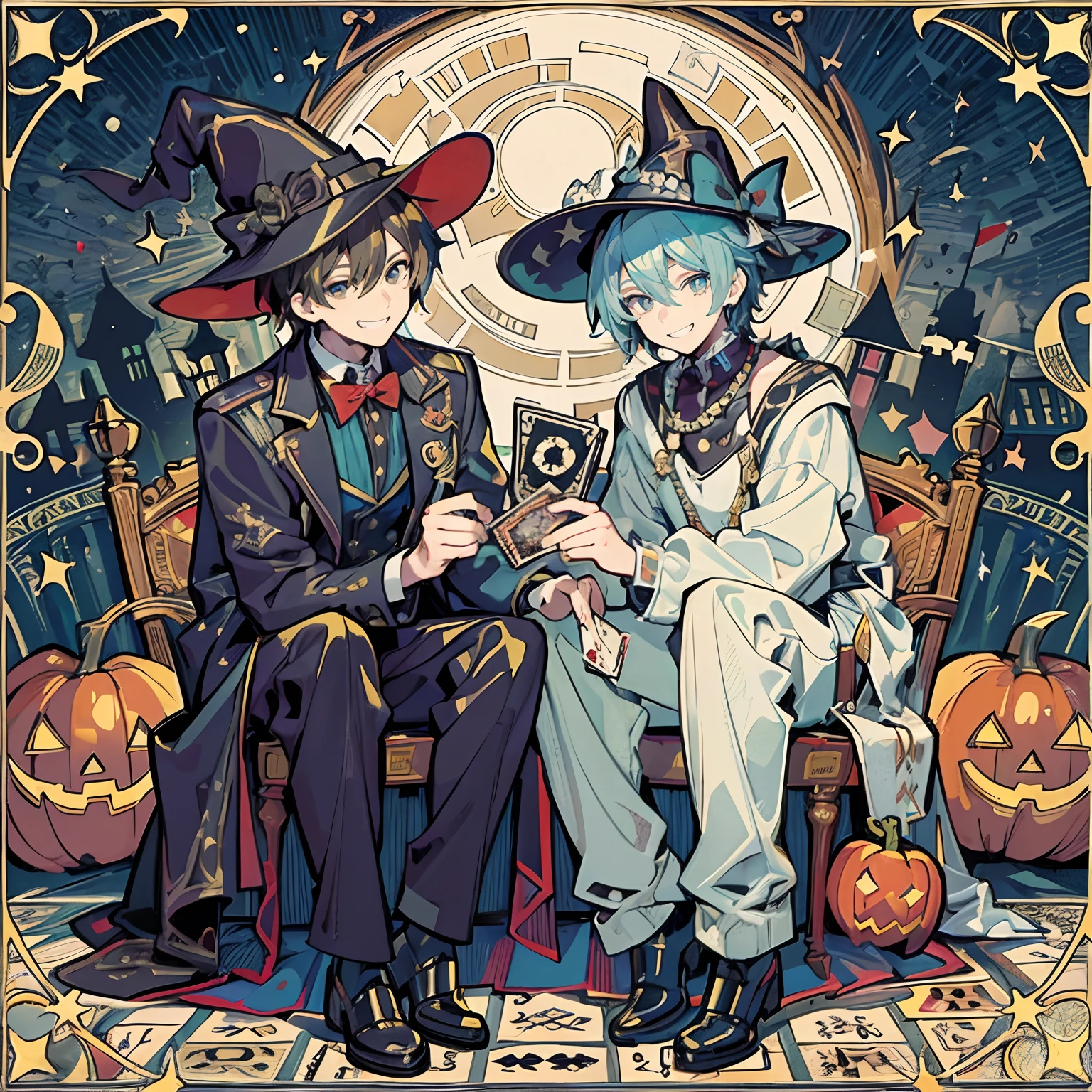 (2man),(playing card),many many card flying, masterpiece, ULTRA DETAILED,(2male relationship),modern art style,fullbody,keeping card, grin smiling, 20 years old man,Perfect body,Britain motif, Hallowee