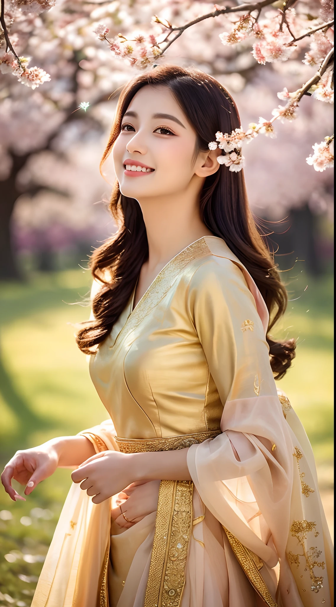 (shining gold dress, long fluttering hair, radiant skin) is dancing gracefully in a field of blooming cherry blossoms. The scene is captured in an exquisite oil painting style with vibrant colors and meticulous brushstrokes. The sunlight gently filters through the delicate petals, casting a warm and dreamy atmosphere. The woman's eyes sparkle with joy and passion while her lips are adorned with a captivating smile. The intricate details of her dress shimmer with golden hues, reflecting light and creating a sense of enchantment. The composition is framed by the graceful branches of the cherry blossom trees, adding depth and a touch of nature to the artwork. The overall image quality is of the highest standard, with ultra-detailed features and photorealistic rendering. The rich palette of colors, including shades of pink, gold, and green, evokes a sense of beauty and serenity. The lighting in the painting is soft and natural, emphasizing the woman's elegant movements and enhancing the overall visual appeal.