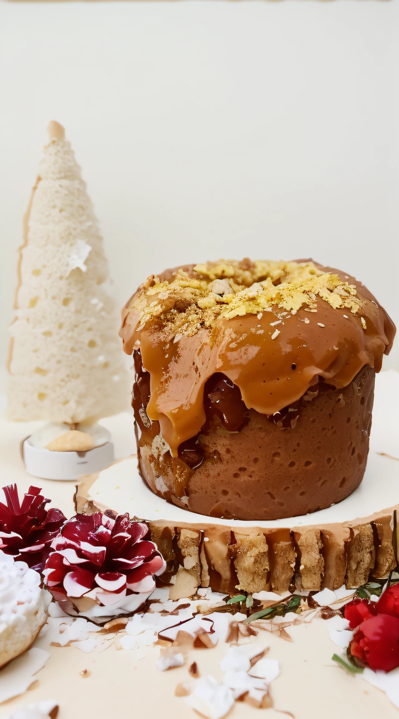 There is a panettone with dulce de leche on top, decadente, doce de leite, delicioso, com farofa de amendoim no topo, festivo, feito de vidrado, Vidrado, caseoso, cobertura de doce de leite, holiday season, quente, Delicioso com farofa de amendoin, 💣 💥, Foi, 🐿🍸🍋, sufocado em doce de leite derretido, 4k polymer clay food photography