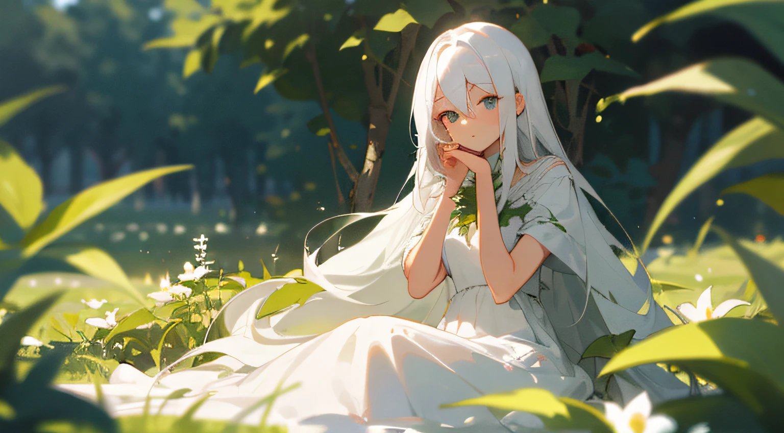 (masterpiece, best quality),1girl with long white hair sitting in a field of green plants and flowers, her hand under her chin, warm lighting, white dress, blurry foreground