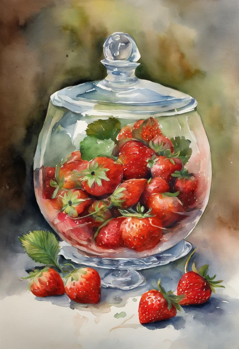 A round glass container with a base, water inside, with strawberry fruit, then some strawberries fall on the ground.