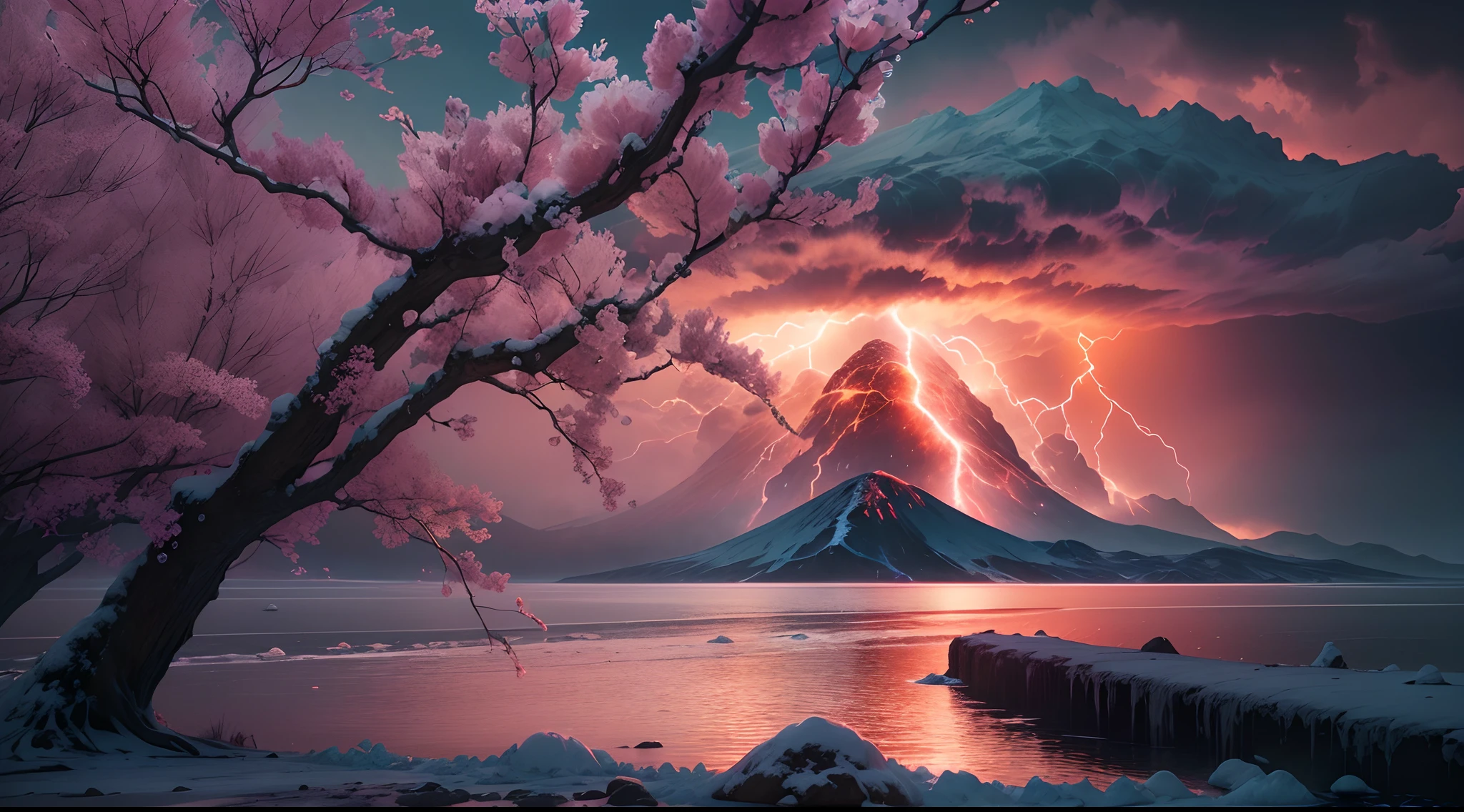 Best quality, Ultra-detailed, A high resolution, Masterpiece:1.2, hdr, hyper HD, Studio lighting, Extreme detail description, Vivid colors, Bokeh, Realistic, Photorealistic:1.37, Surreal, Icy reflections, (Huge volcanic eruptions),magma, Glowing embers, vibrant contrast, Peach blossom tree,Frozen sparks, Dynamic composition, (Lightning),Dramatic lighting, Enigmatic Atmosphere, Ethereal beauty, Explosive, A mesmerizing spectacle, A fascinating fusion, Contrasting elements, Engaging movement, An otherworldly experience, Mesmerizing dreams, Surreal landscape, blazing infero, Frozen Realm, Enchanting dance, The power to fascinate.