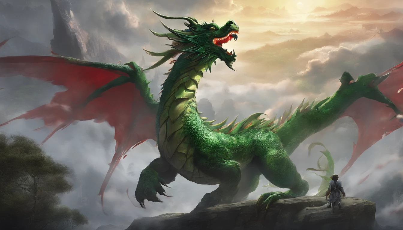 China-style，Chinese mythology，Chinese Green Dragon，roar，ferocious，gigantic，Eyes glow red，glow effects，surrounded by cloud，Thick clouds，construction，Medium view Сцена，body complet, like a， highly detailed surreal vfx，oc render，