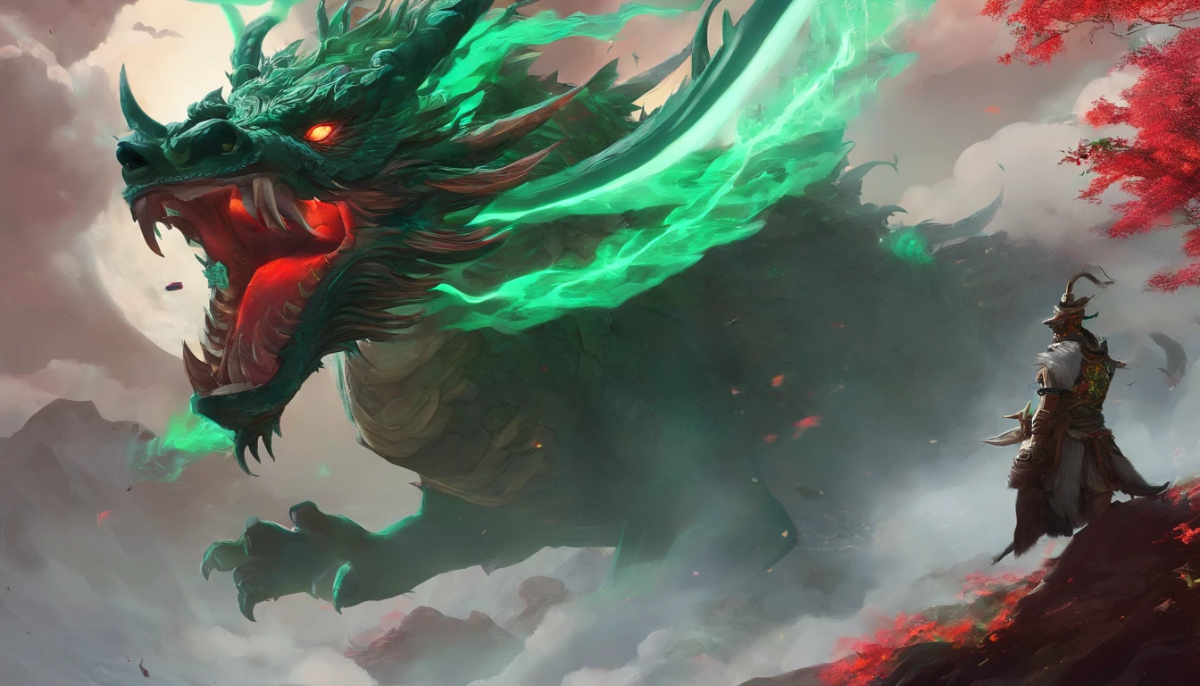 China-style，Chinese mythology，Green Dragon，tosen，Ferocious，gargantuan，The eyes glow red，Glow effects，surrounded by cloud，Thick clouds，中景 the scene is，Full body like， highly detailed surreal vfx，oc rendered， - AR 16:9 --q 2 --s 1000