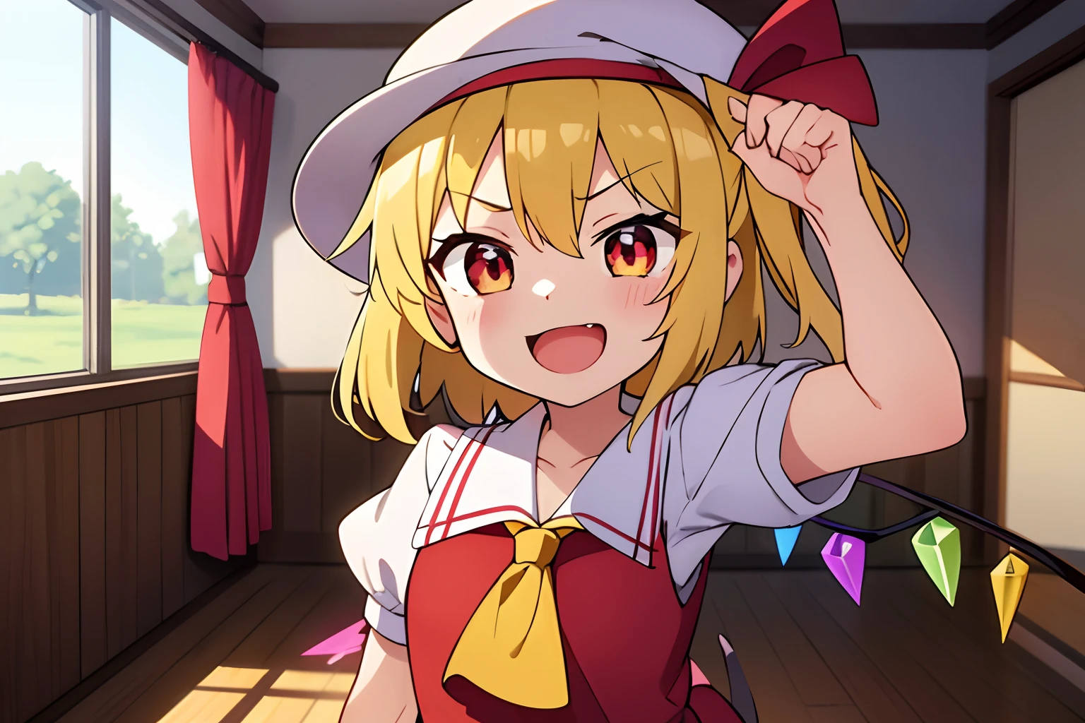 Best Quality, 1girl in, Solo, (Flandre Scarlett staring at camera)、Standing hat、 beautiful countenance、Eye Highlights、Opening Mouth、Aggressive smile、Petite、bright yellow hair in the side tail,、shortsleeves、childish、Classroom、