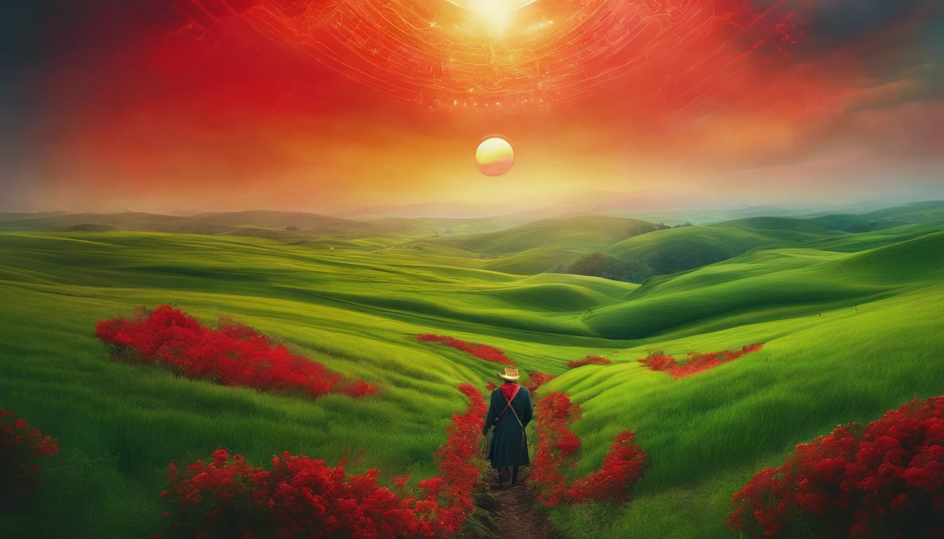 a red path in the middle of a green field, ((giant sun)),an ultrafine detailed painting by Daren Bader, shutterstock contest winner, neo-romanticism, soft mist, made of mist, deviantart,Fujifilm XT3,by Steve McCurry, by Alessio Albi, by Lee Jeffries, by Herb Ritts, by Jeremy Man,long shot,wide view, commercial photography