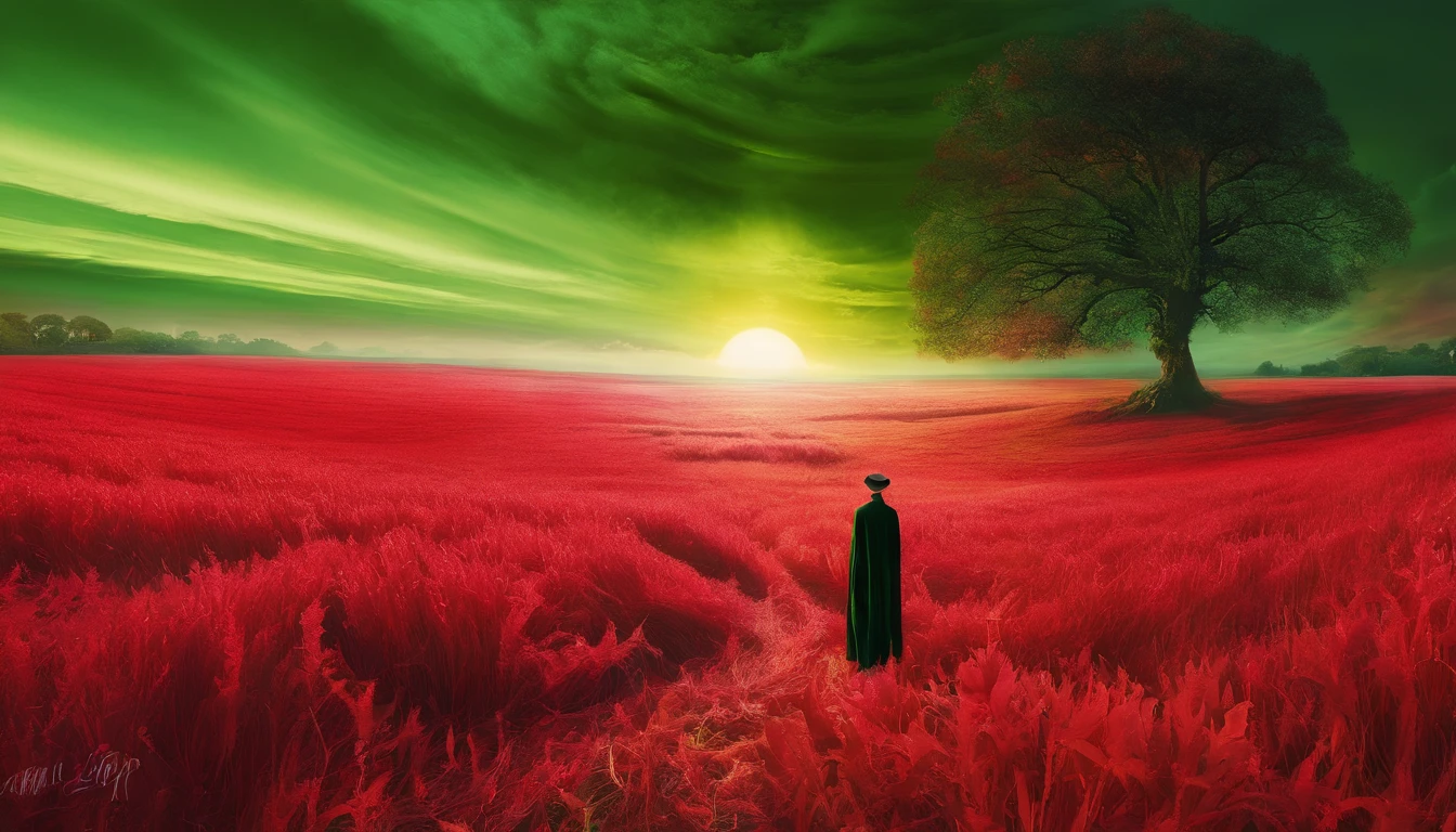 a red path in the middle of a green field, ((giant sun)),an ultrafine detailed painting by Daren Bader, shutterstock contest winner, neo-romanticism, soft mist, made of mist, deviantart,Fujifilm XT3,by Steve McCurry, by Alessio Albi, by Lee Jeffries, by Herb Ritts, by Jeremy Man，long shot,wide view, commercial photography