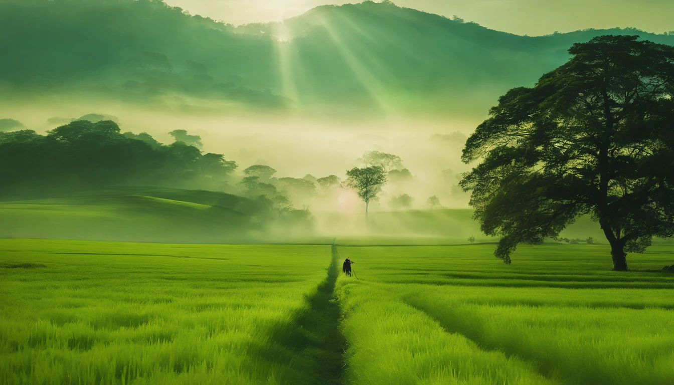 a red path in the middle of a green field, ((giant sun)),an ultrafine detailed painting by Daren Bader, shutterstock contest winner, neo-romanticism, soft mist, made of mist, deviantart,Fujifilm XT3,by Steve McCurry, by Alessio Albi, by Lee Jeffries, by Herb Ritts, by Jeremy Man，long shot,wide view, commercial photography