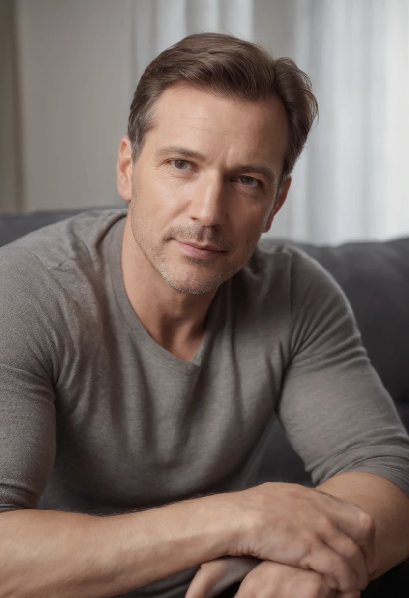 American man, middle aged Photorealistic Masterpice on sofa, Perfect Full Body, Perfect Face, HD, distance frame