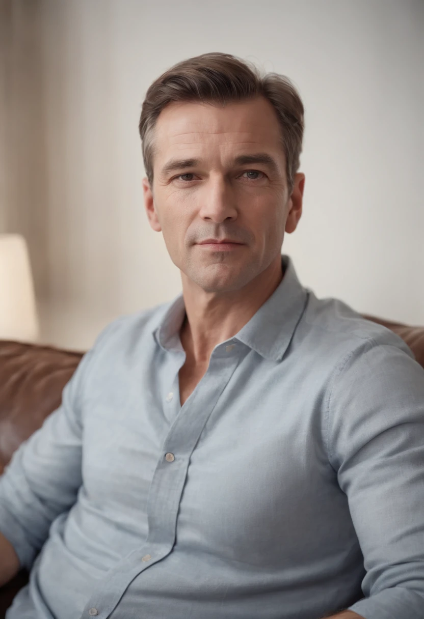 American man, middle aged Photorealistic Masterpice on sofa, Perfect Full Body, Perfect Face, HD, distance frame