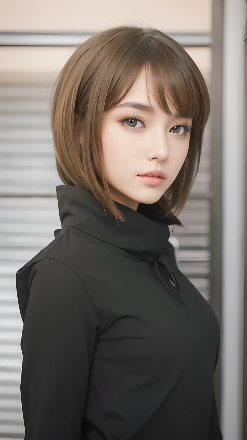 (((Masterpiece))), top quality, super detailed,beatiful girl,brown eye and hair,black clothes