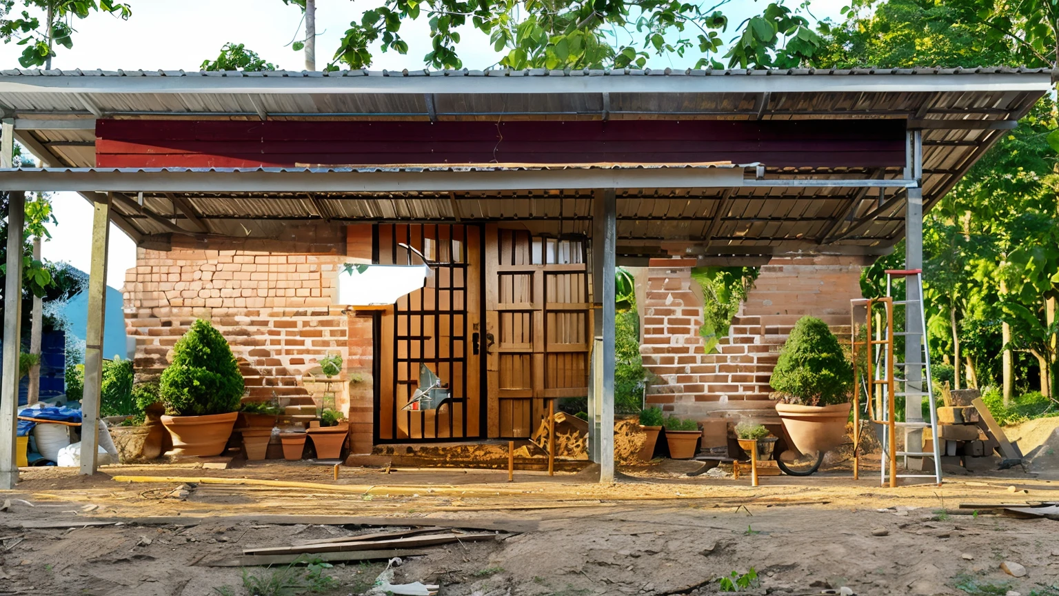 The walls of the house are beautiful clay bricks. There is 1 door.