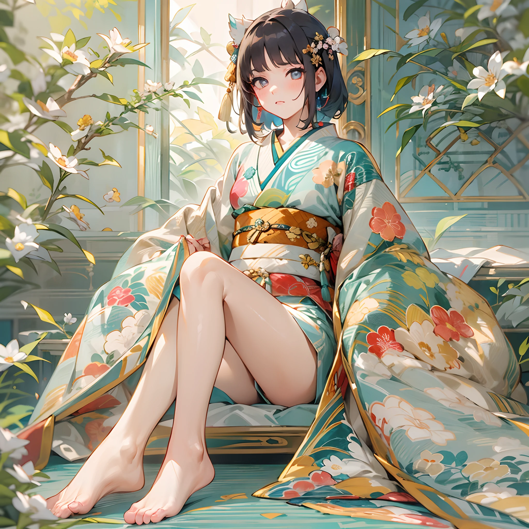 (A cute girl,Sit barefoot,Reveal her delicate feet),Barefoot,Long narrow eyes,A look of disdain,Beautifully designed traditional Japanese costumes,Rich in patterns,Silk fabric,Soft and shiny fabric, Vibrant colors,Floral embroidery and gold thread,flowing short dress,Long sleeves,elaborate detail,White and tender feet,Five toes,Details of the soles of the feet,Petite feet,Minimalist background,subtly lit,Photorealistic style,Vivid colors,Detailed rendering,high resolution,4K quality,Sharp focus.