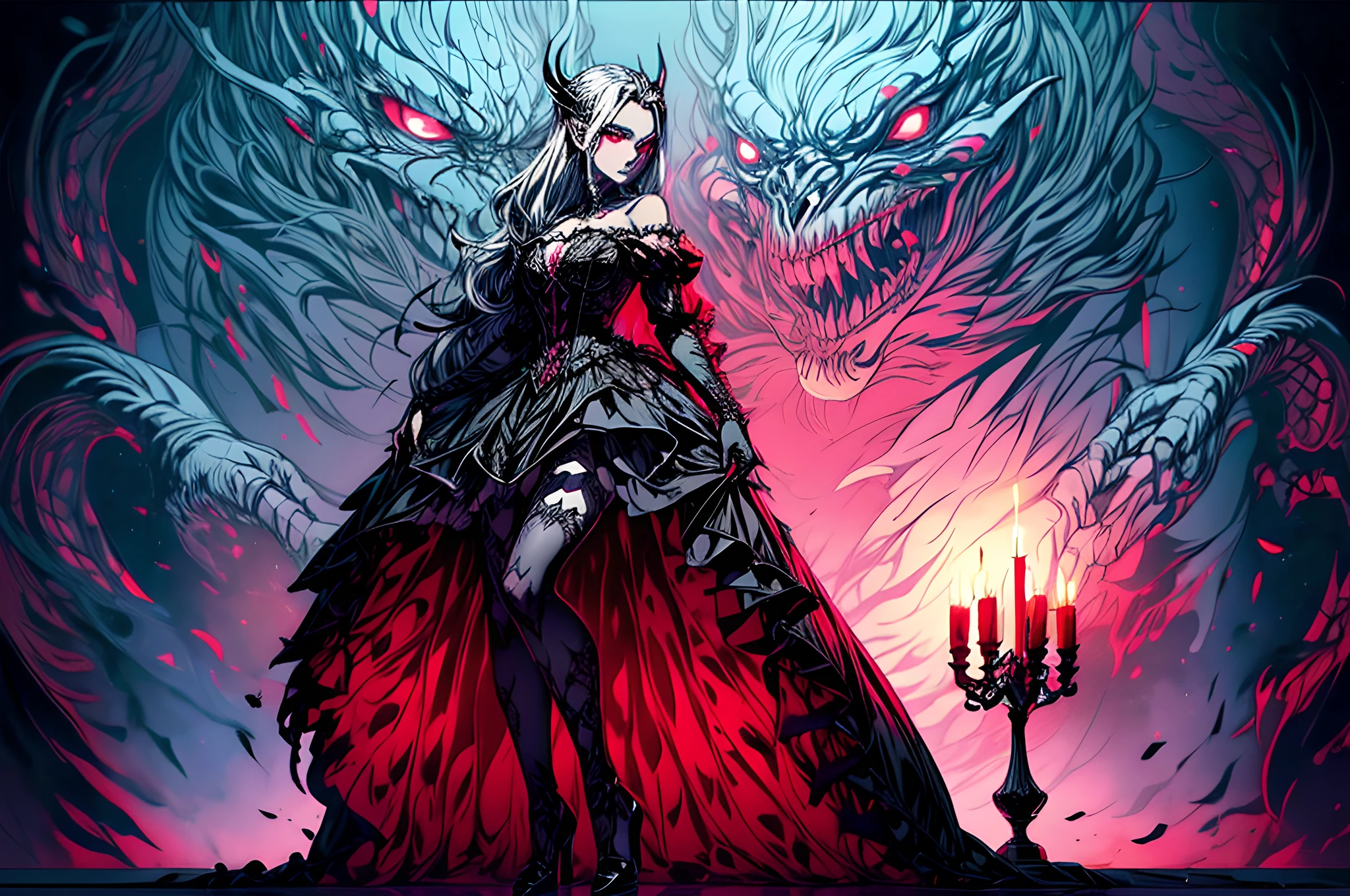 Fantasy art, RPG art, Dark fantasy art,  picture of extremely 1beautiful Barbie vampire, Barbie mistress of death, she has long hair, flowing hair, wavy hair, blond hair, pale grey skin, red eyes, stains of blood on face, she wears dark pink dress, silk dress, she wears stockings, high heels, Barbie dollhouse backgrond, dynamic position, (full body: 1.2) dim candles light, dark fantasy art, gothic art, dynamic angle, best details, best quality, 16K, [ultra detailed], masterpiece, best quality, (ultra detailed), full body, ultra wide shot, photorealistic, 2.5D rendering, NeroV2
