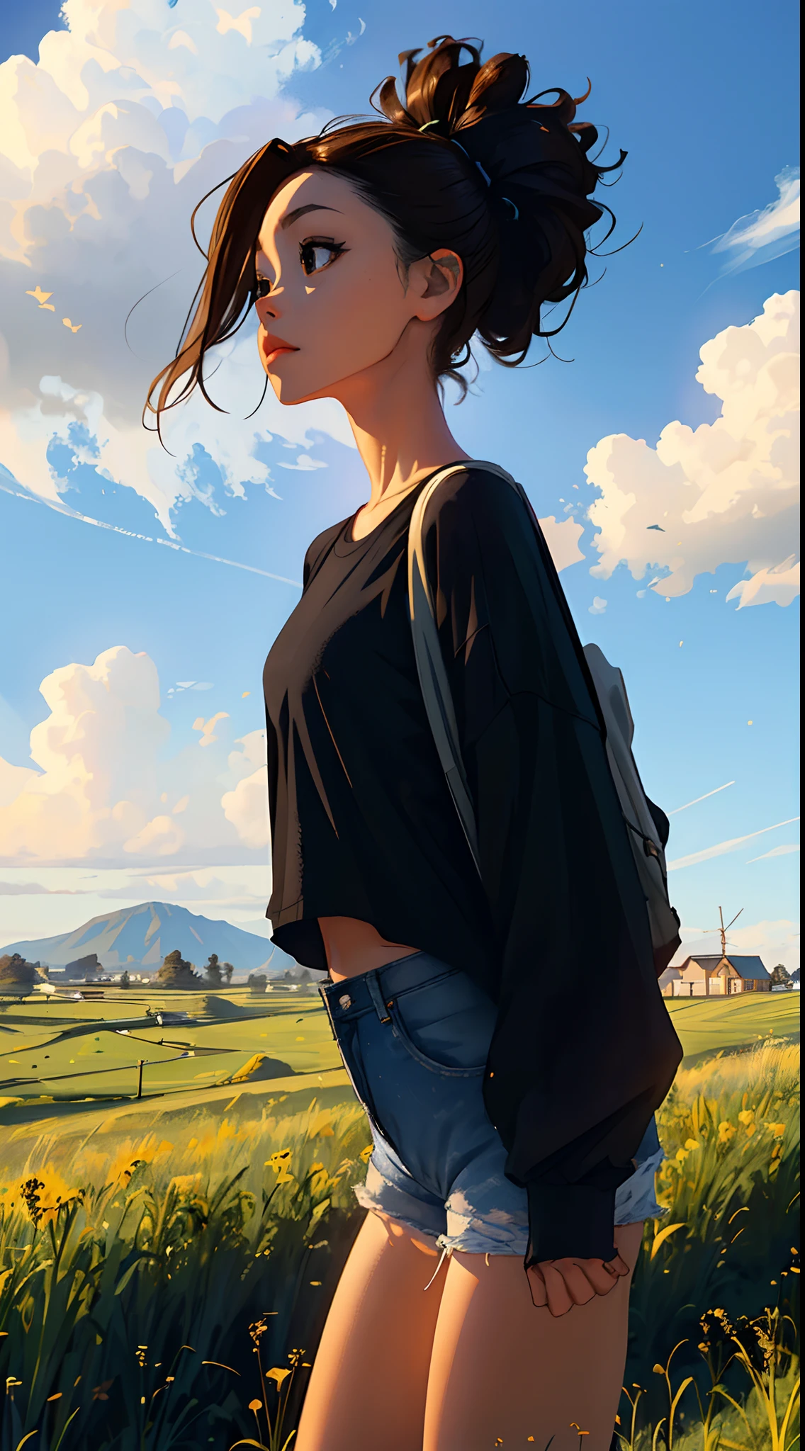 (beautiful and magnificent skyline, majestic sky), (extremely tense and dramatic pictures, moving visual effects), (high hanging Polaris, colorful natural light), (1girl), (long-sleeved top, denim shorts, carrying a backpack), (dynamic pose:1.3, black eyes, black hime-cut hair, sparkling girl)[:0.8], (large grassland), (oncoming breeze), (brown hair and background Coordination effect: 1.2), (close shot, long shot mix and match)[::0.9]