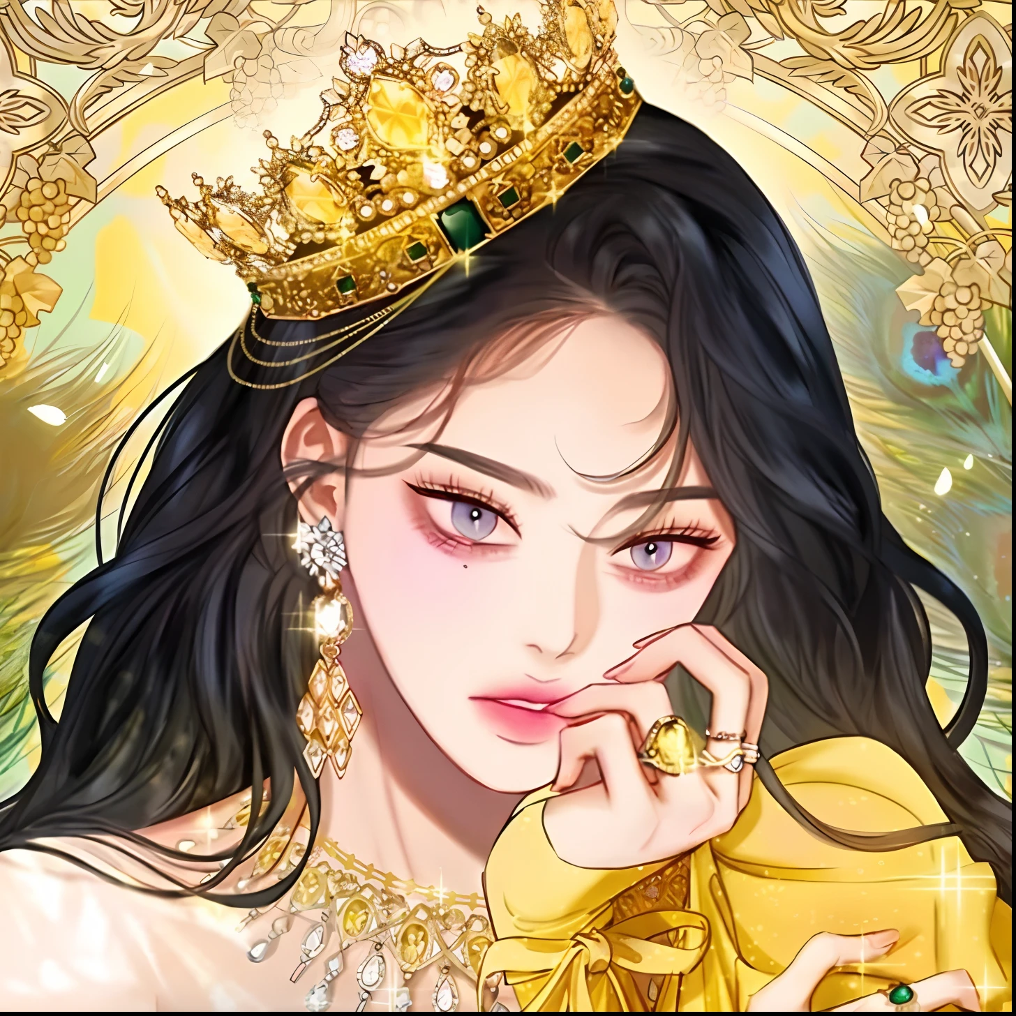 a close up of a woman wearing a crown and a gold dress, a beautiful fantasy empress, ((a beautiful fantasy empress)), gilded lotus princess, 8k high quality detailed art, in the art style of bowater, lovely queen, portrait of queen of light, queen and ruler of the universe, with a gold crown, portrait of queen of dreams