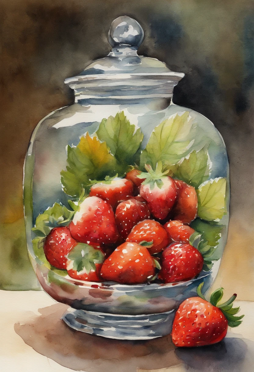 A round glass container with a base, water inside, with strawberry fruit, then some strawberries fall on the ground.