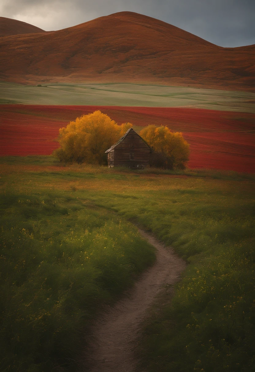 a red path in the middle of a green field, ((giant sun)),an ultrafine detailed painting by Daren Bader, shutterstock contest winner, neo-romanticism, soft mist, made of mist, deviantart,Fujifilm XT3,by Steve McCurry, by Alessio Albi, by Lee Jeffries, by Herb Ritts, by Jeremy Man,long shot,wide view, commercial photography