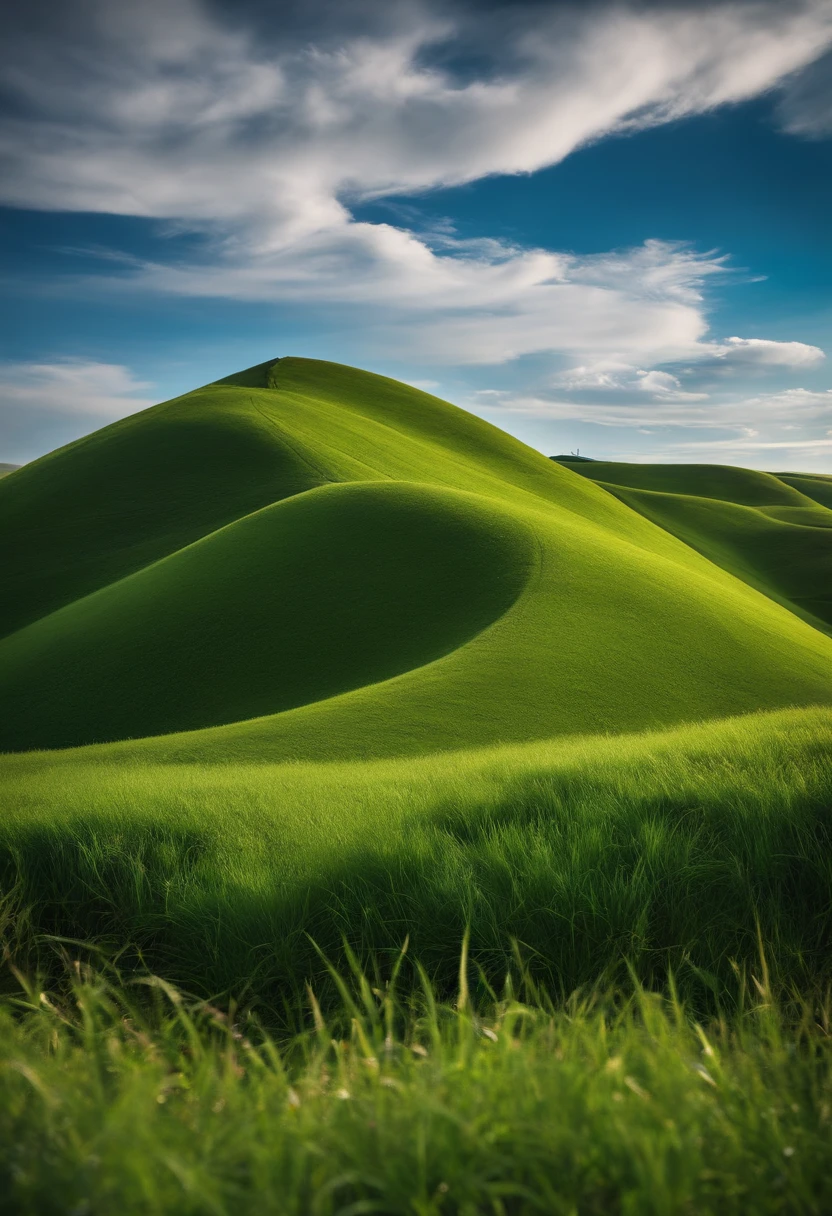 low angles、grass field、A hill、blue-sky