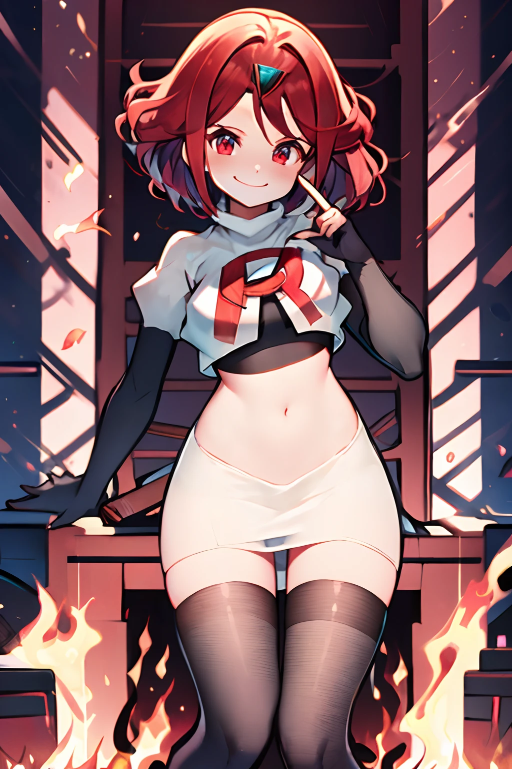 pyra,team rocket,team rocket uniform, red letter R, white skirt,white crop top,black thigh-highs,black elbow gloves, warm smile, small fire coming her finger