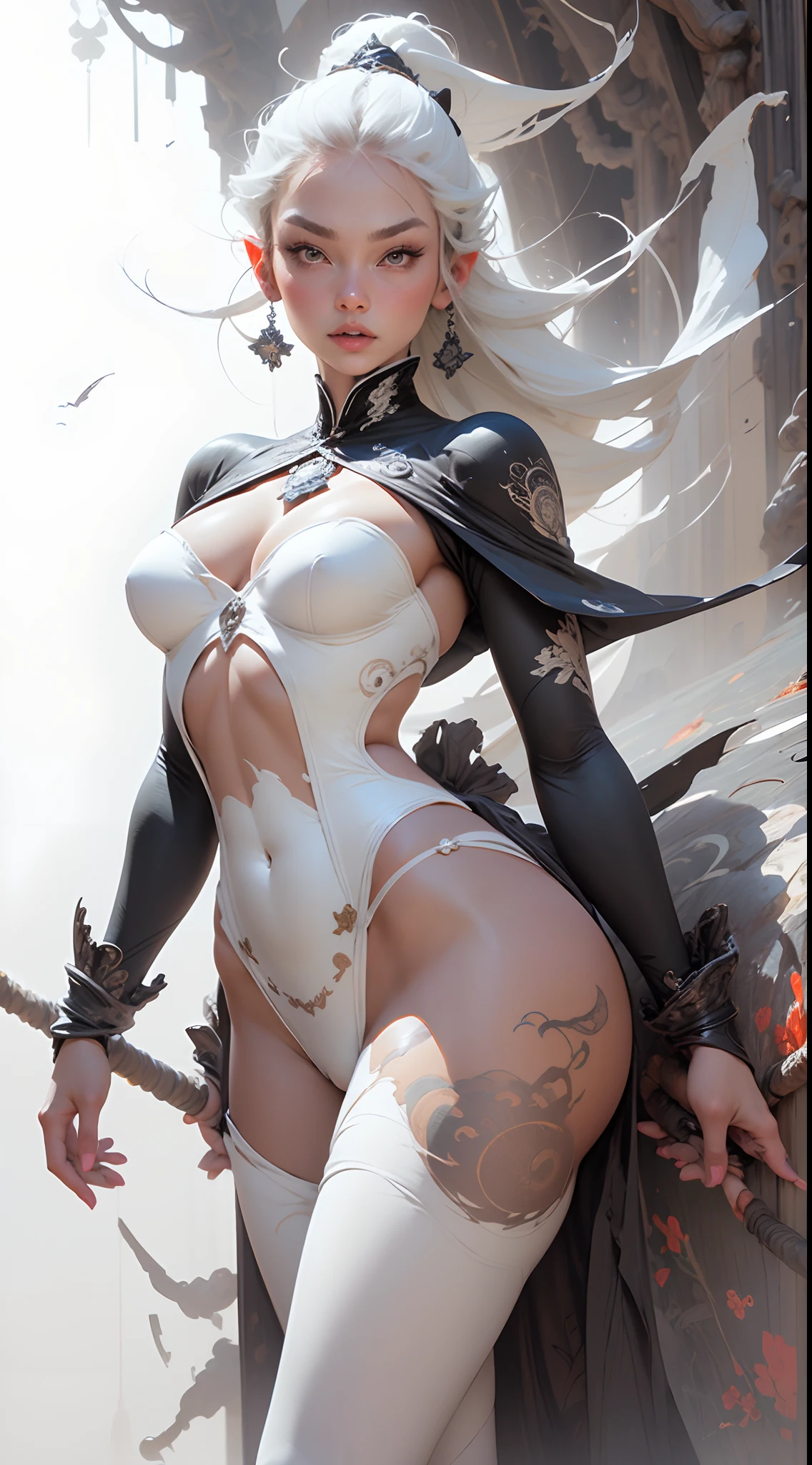 (((Young White Woman))), ((Best Quality)), ((Masterpiece)), (Detail: 1.4), 3D, A Beautiful fantasy Woman with Simon Bisley-style micro thong, fantasy style clothing, 2-piece clothing, Long silver hair, arm tatoo, fantasy warrior, fantasy hands, pastel, Perfect proportions, painting, White Balance, White backgorund, thirds rule, Crysisnanosuit,loraeyes,nijistyle,pantyhose,Blue eyes