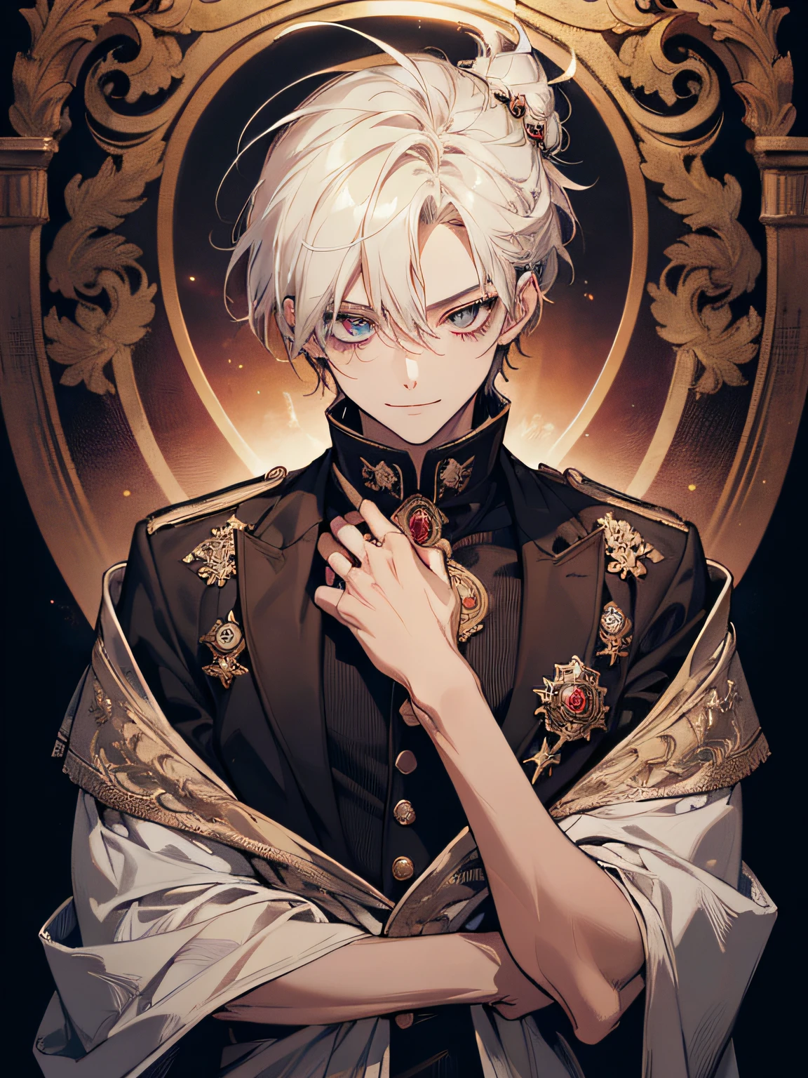 (absurderes, hight resolution, ultra-detailliert), 1 male, Adult, Handsome, finely detailed eyes and detailed face, Emperor,, Ring on background, visualart, occult, Universal, Vision casting, Philosophical, Iconography, Numerology, Popularity, artistic, Short hair, Smile, Calm expression, Half-shot ultra-high resolution, Best aesthetic, Top quality depiction of the foot,Surprised, Flat Avatar, anime visual, Cute art style, Chibi, Ahoge, is shy, A smile, hair adornments, simple background, jewely, side locks, large oval eyes,Halloween,Diabolical