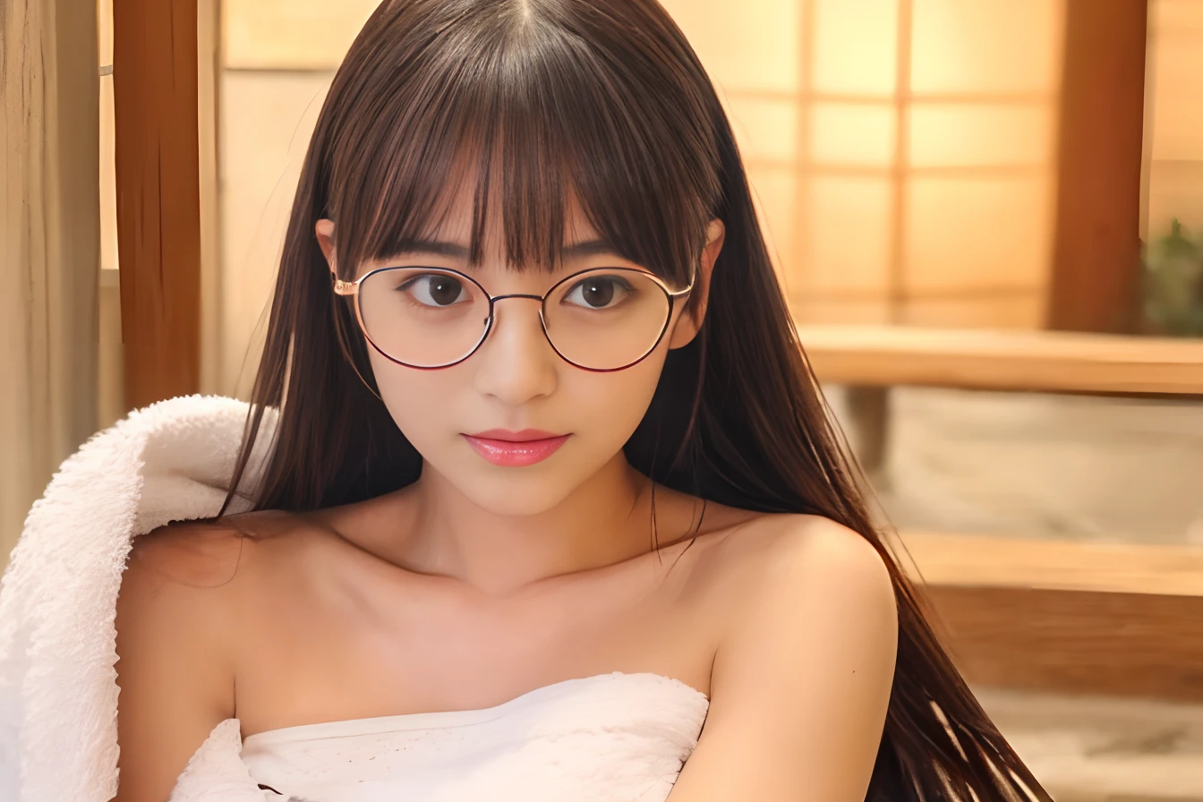 masterpiece,extremely detailed,CG,unity,8, wallpaper,best quality,realistic,photo-realistic,RAW photo,artistc,finely detail,award winning photo,Grand Prix Award photo,cinematic lighting,perfect body,thin waist,beautiful,cute,1lady,office lady,26years old,black semi-long straight hair, BREAK (onsen yukata with floral pattern),long sleeve,((all fours on the white futon)),(angle from below:1.5),looking at viewer,(realistic nipples),ryokan,room,(smile:1.2),close up shot,(downblouse:1.3), (nipslip:1.3),(cleavage),(Glasses:1.3)