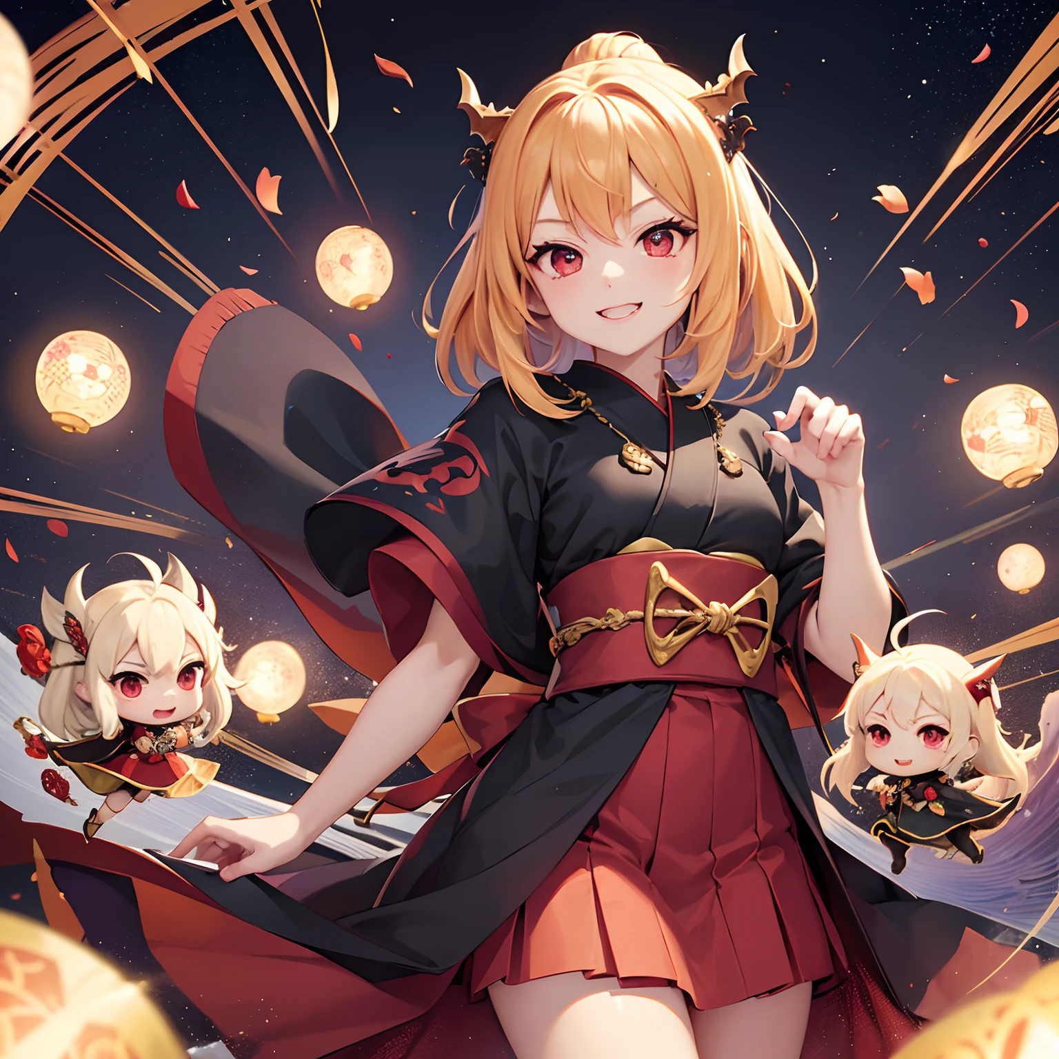 finest image, detailed and delicate depiction, Japanese painting, ukiyo-e style, (chibi character, deformed, full body, big head:1.5, line art), cute vampire, fearless smile, double teeth, messy blonde medium hair, paw pose, red dress and black cloak, wings, iridescent light glass crystal metal-plated fantasy room, background that emits fantastic light, light particles, light sparkles, iridescent light particles, many falling petals, professional lighting