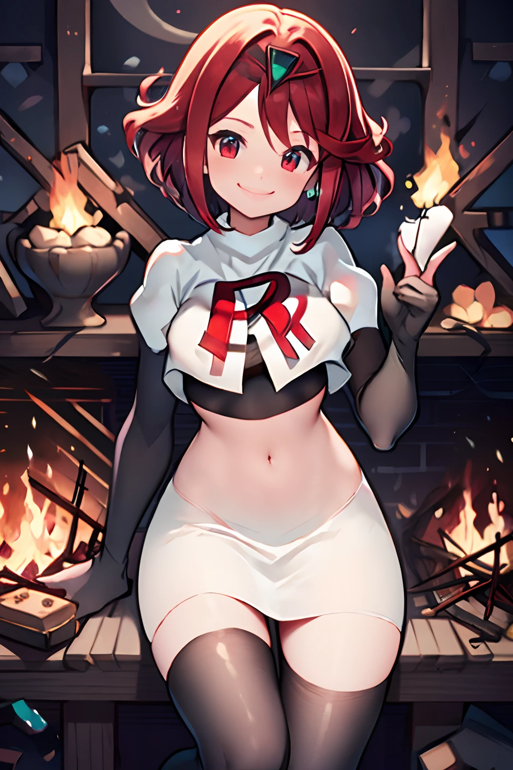 pyra,team rocket,team rocket uniform, red letter R, white skirt,white crop top,black thigh-highs,black elbow gloves, warm smile, small fire coming her finger