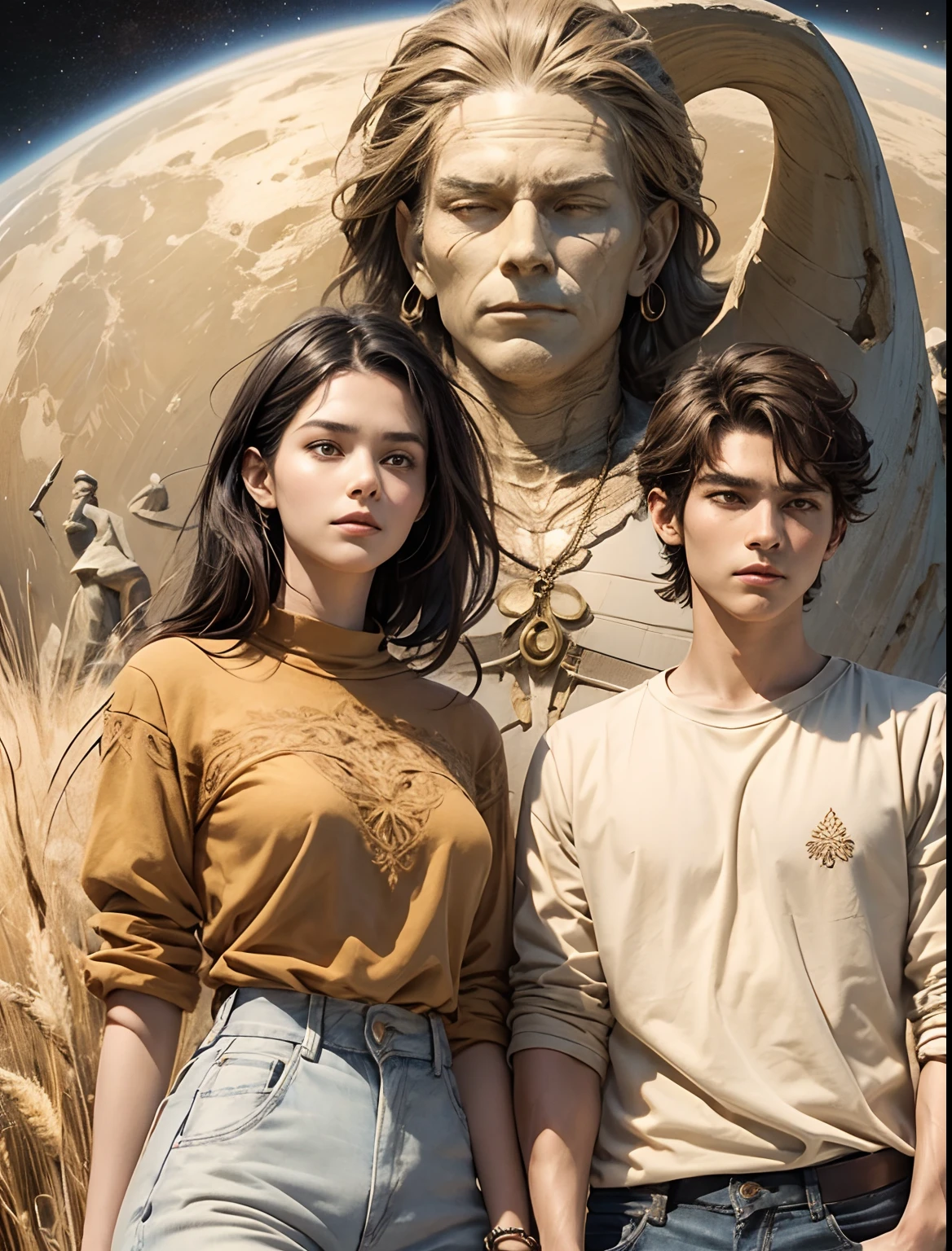 Two beautiful men and women)) The man has short black hair. The woman has brown hair that reaches around her back. He is in his late twenties. wheat-colored skin. Clothing: medium-sleeved shirt and jeans. ((Moderate carving depth)) Megalithic civilization and space are in the background. Serious atmosphere. Mysterious image.